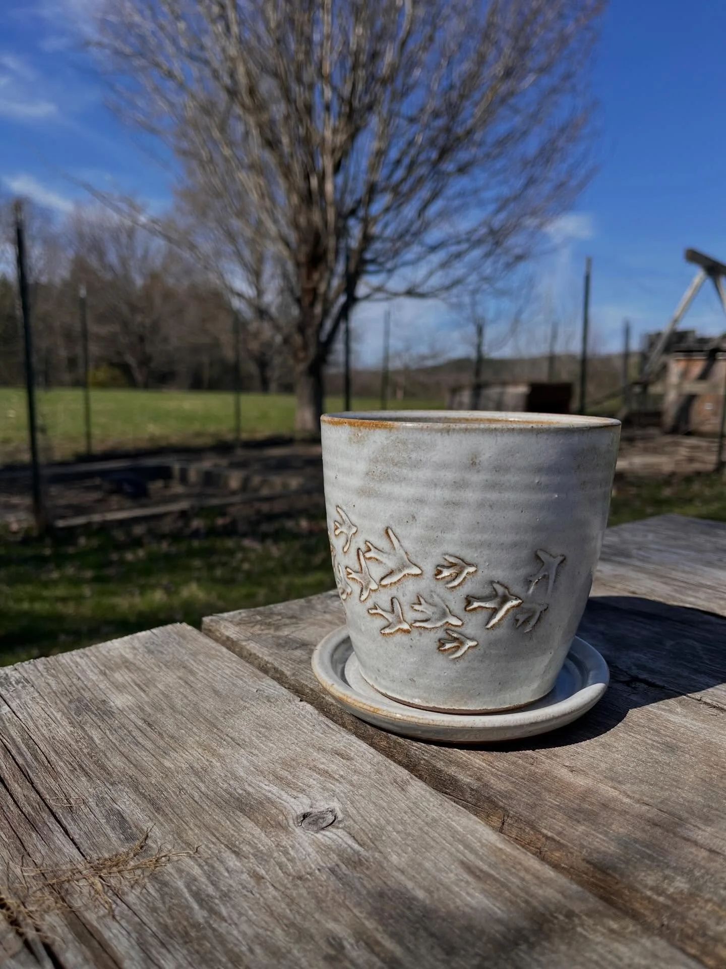 A few pots still warm from the kiln waiting for their debut at @bloomflowerandhome next weekend in Burlington ☀️ 🌱 
Saturday &amp; Sunday 12-5 presale tickets still available ❤️
&hellip;
Image descriptions:
1. A white planter impressed with a flock 