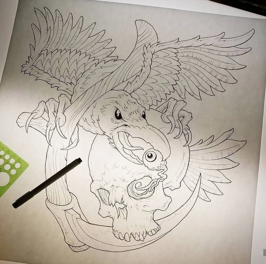A detailed line drawing of a fierce raven with wings spread, perched on a large skull with an eye in its beak, holding a scythe.
