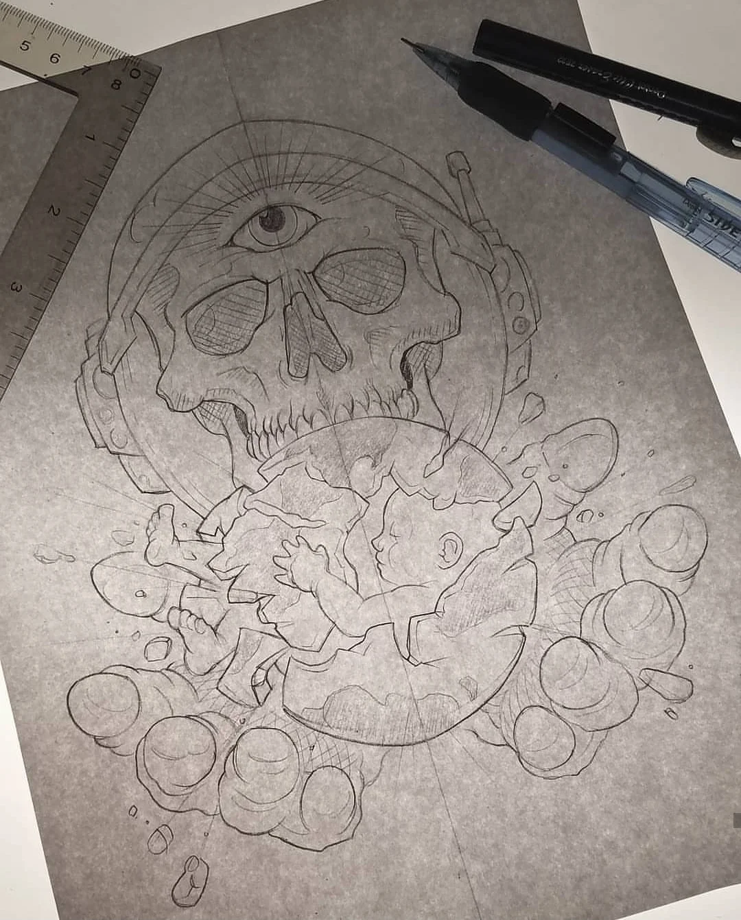 Hand-drawn sketch of a skull with a third eye, surrounded by various abstract elements and a newborn baby reaching out.