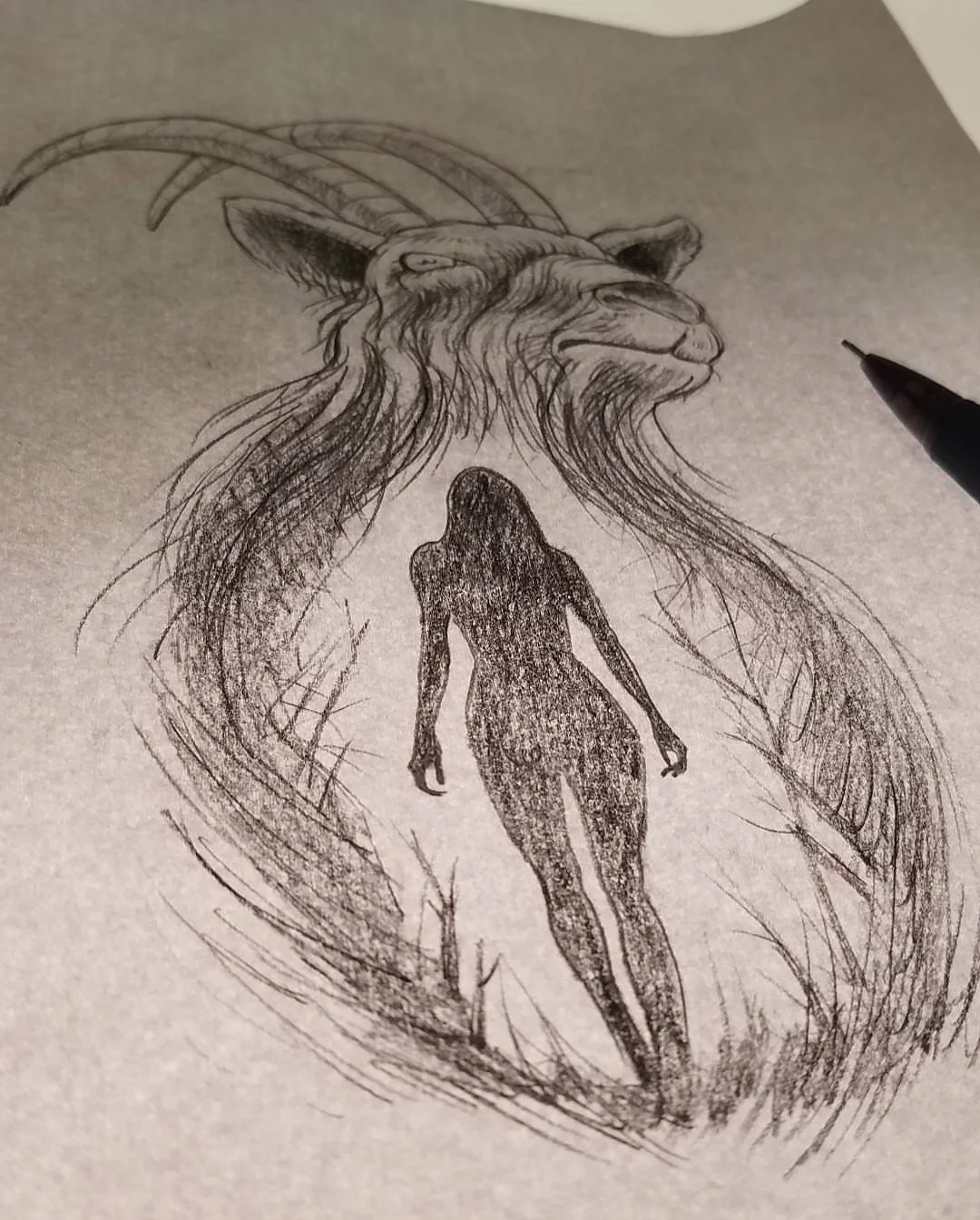 Sketch of a horned-goat (black philip) head with a female silhouette inside its belly.