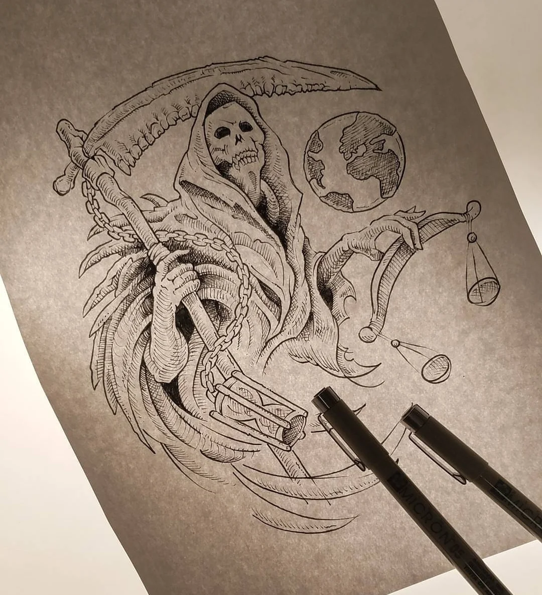 An intricate black and white drawing of a Grim Reaper figure holding a scythe, with a skeletal face and a hooded cloak. The Reaper's other hand holds scales, and a wing extends from its back. A depiction of Earth is floating nearby, along with geometric shapes and lines.