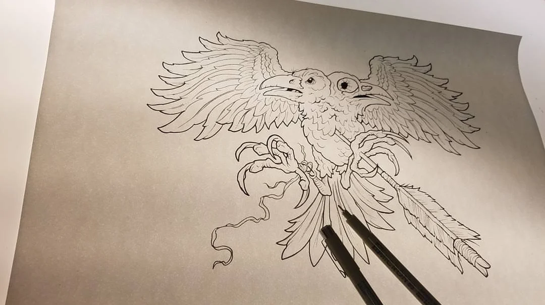 Line drawing of a mythical raven with two heads, large wings, and an arrow in its talon