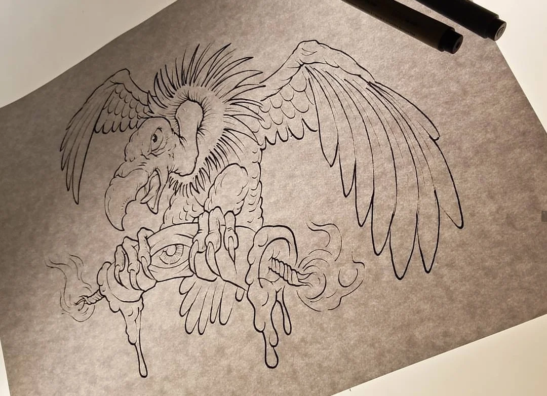 Line drawing of a mythical vulture, holding a burning candle with an eye on it, with smoke or flames surrounding it.