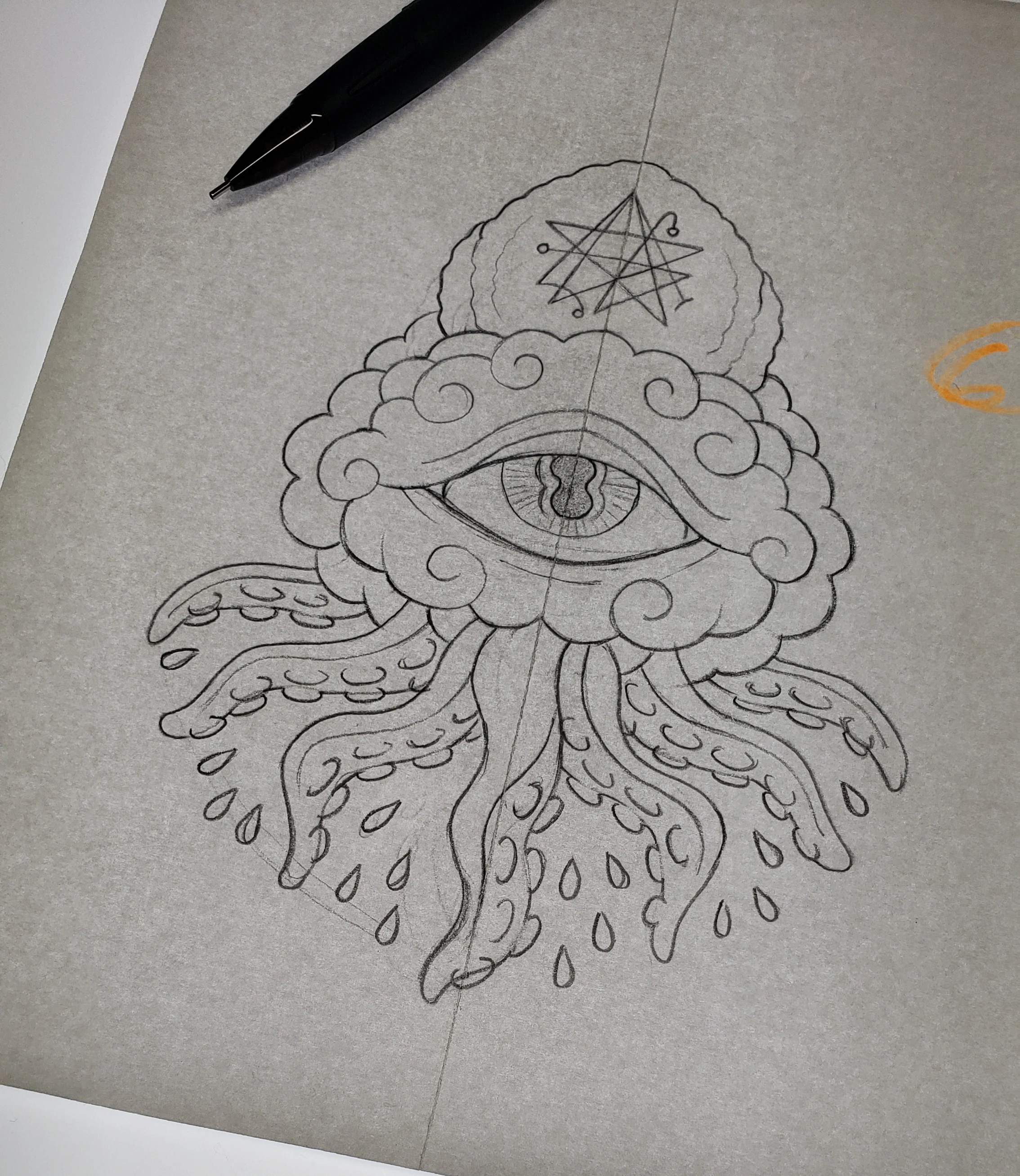 A detailed black and white line drawing of an eye with ornate decorations, including swirling patterns and a geometric sigil enclosed within a circle on the eyelid.