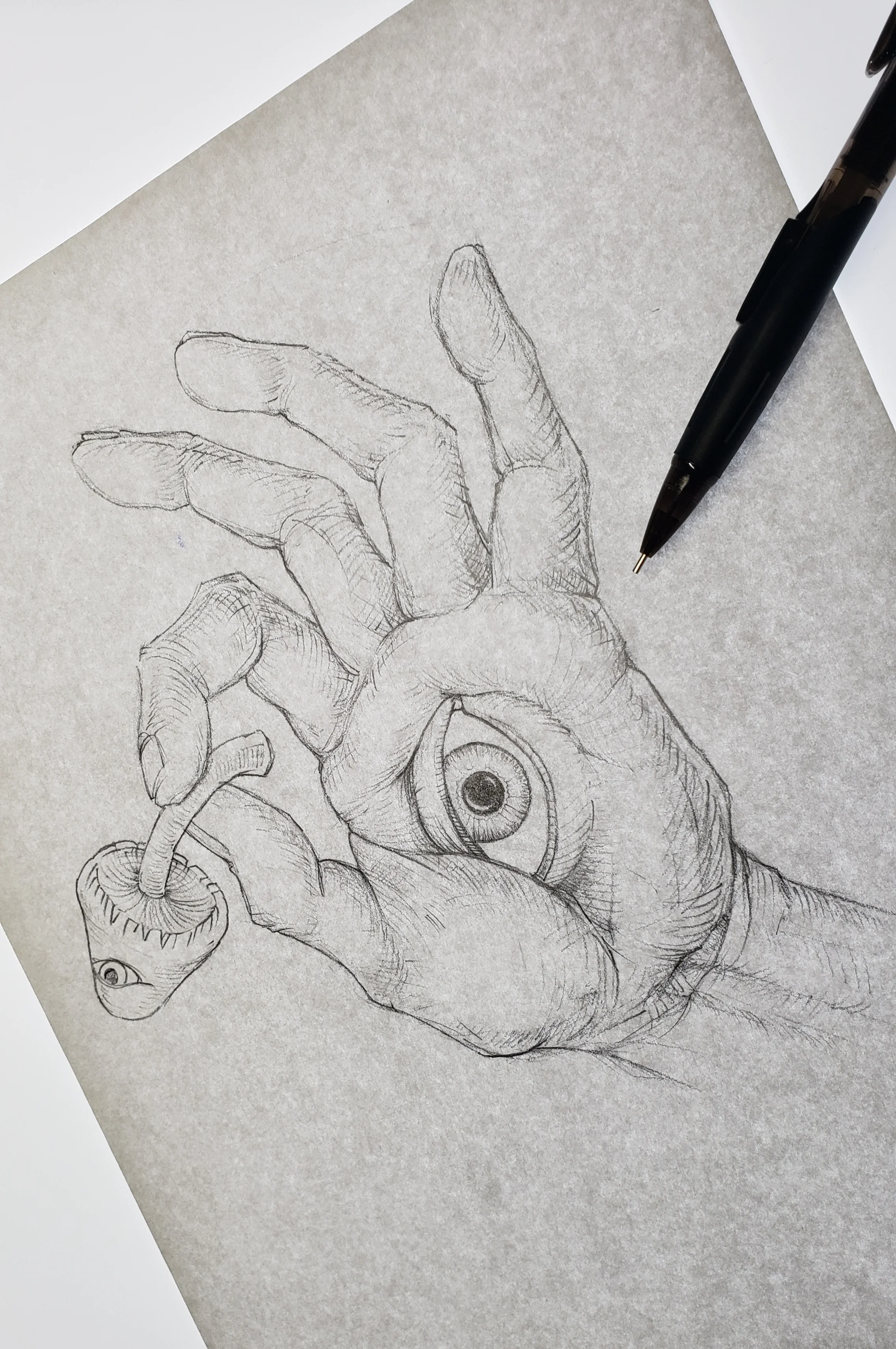 A black pen resting on top of a detailed pencil drawing of a human hand with an eye in the palm, holding a mushroom.