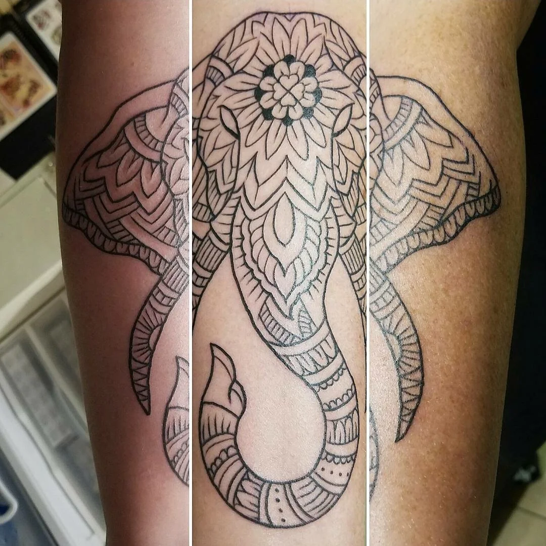 House of ink Tattoo Description, Elephant Mandala, forearm tattoo, black and grey, fineline