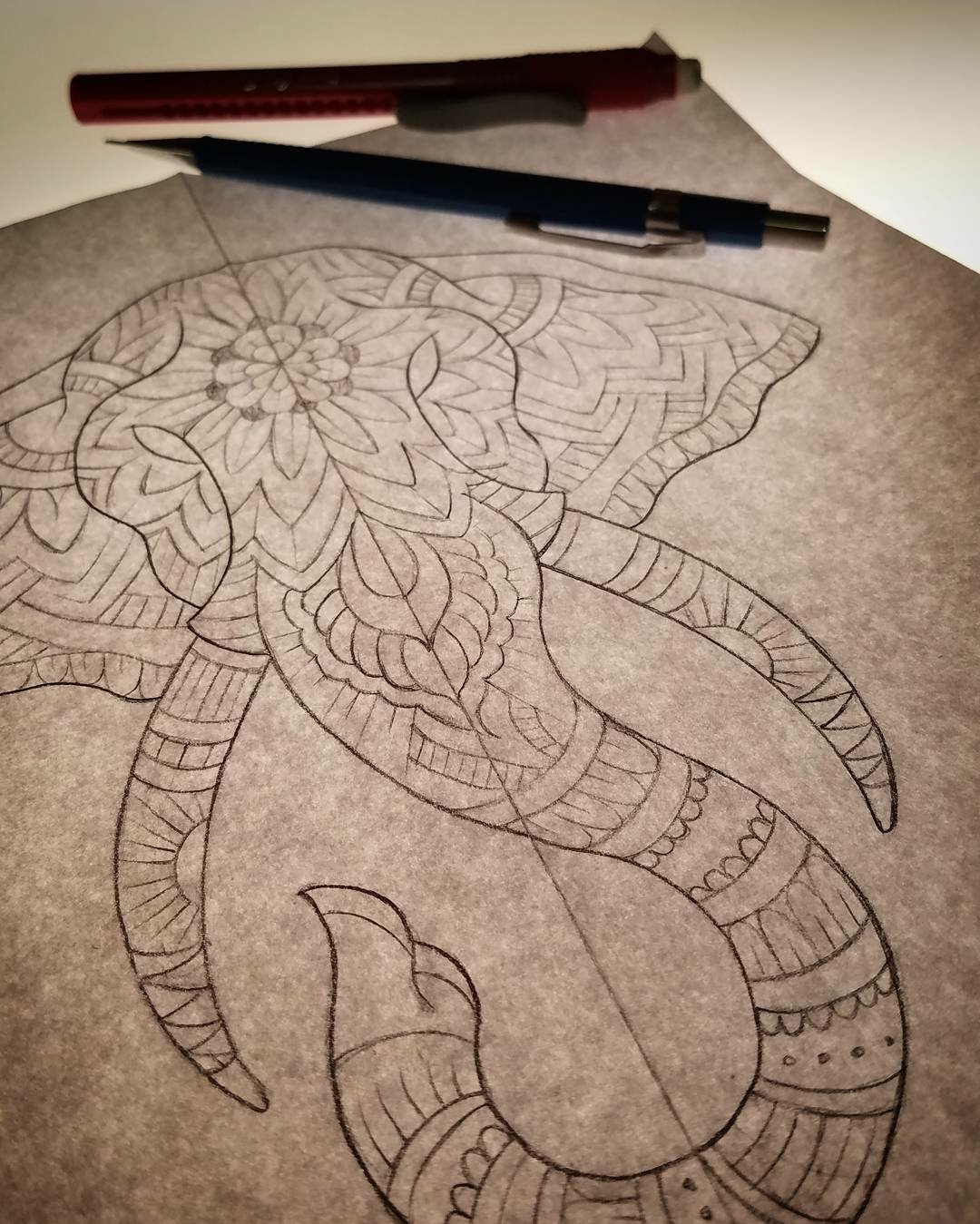 House of ink Tattoo Design: Pencil Drawing, Elephant Mandala, Light Table