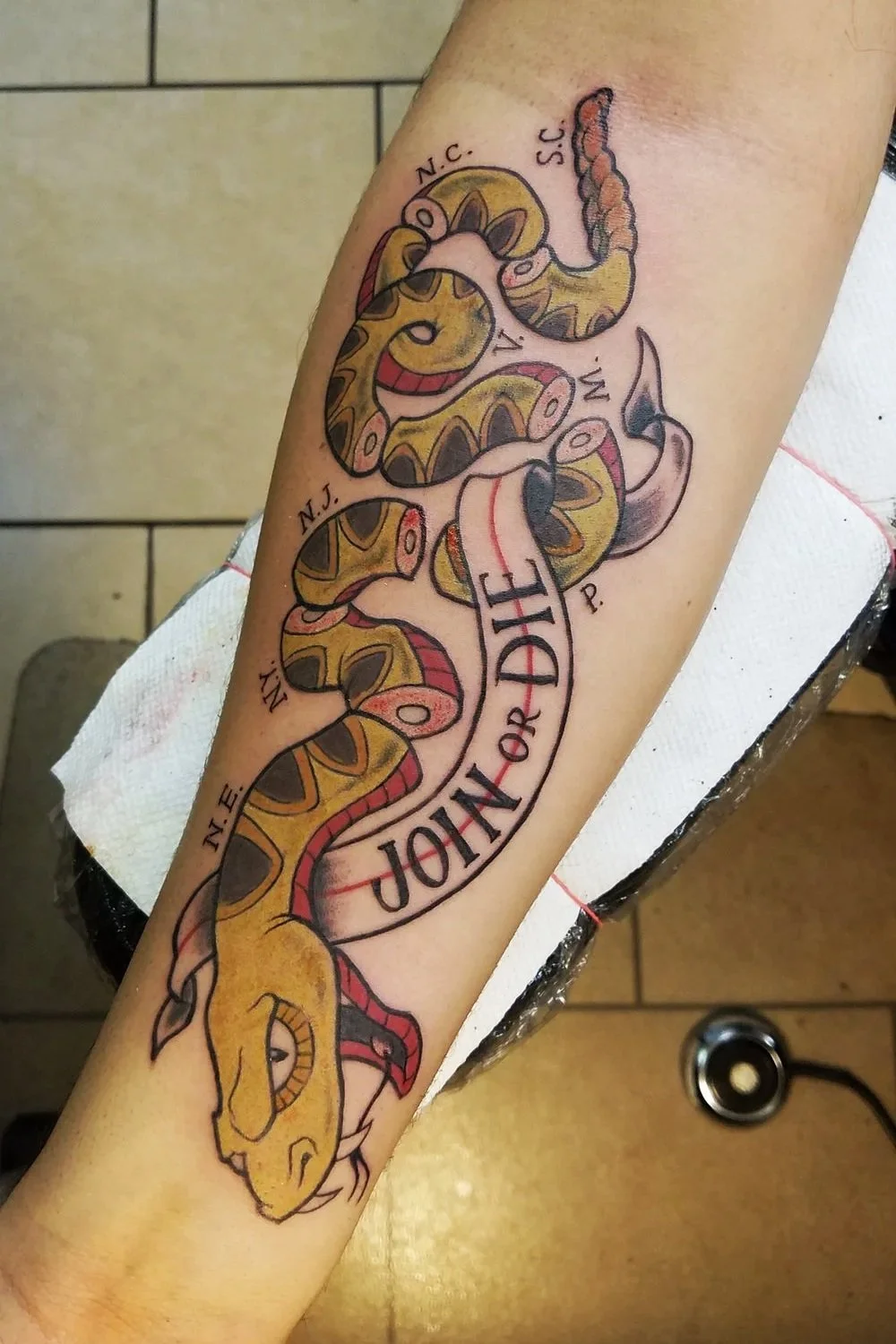 Tattoo of a snake wrapped around a banner with the phrase "JOIN OR DIE" on a person's forearm.