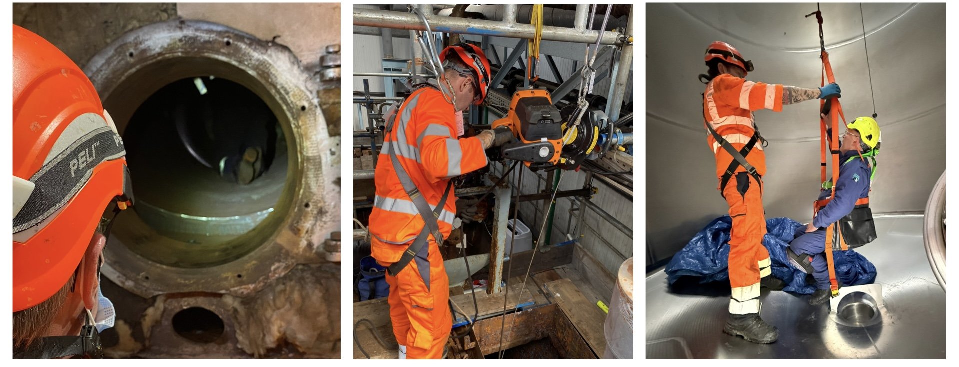 Three photographs showing Redline Safety team members working on site.  From left to right we can see a team member looking into a boiler, middle shows a team member operating ane lectric winch to raise an operative out of a tank and right