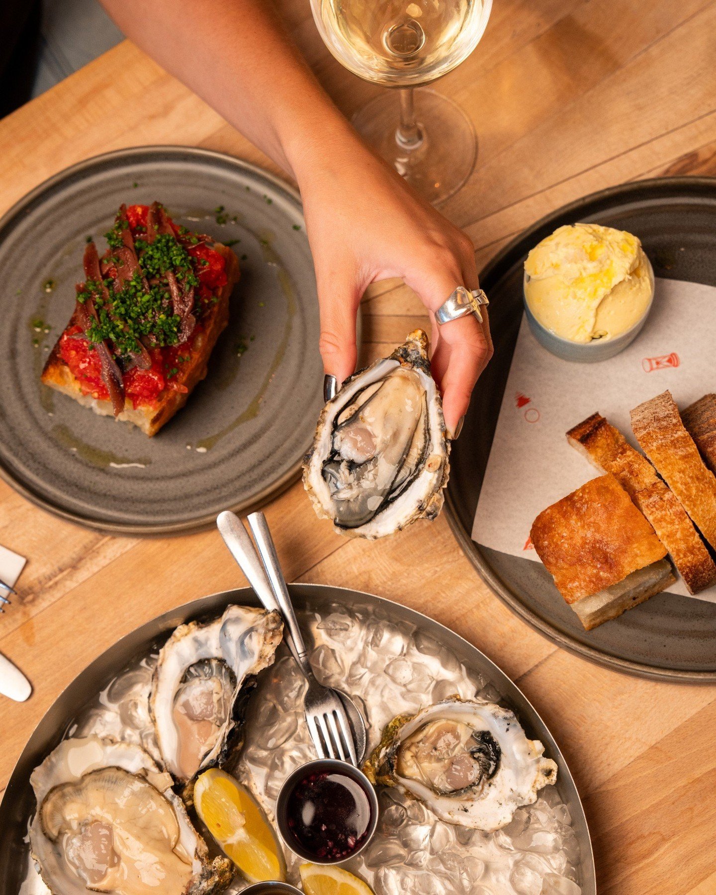 Wine in one hand, oyster in the other, decisions kept to a minimum. 

Our Market Oysters come &pound;22 for half a dozen, split three ways: au natural with lemon, mignonette with shallot and red wine vinegar, and Asian with soy and sesame.

 No need 