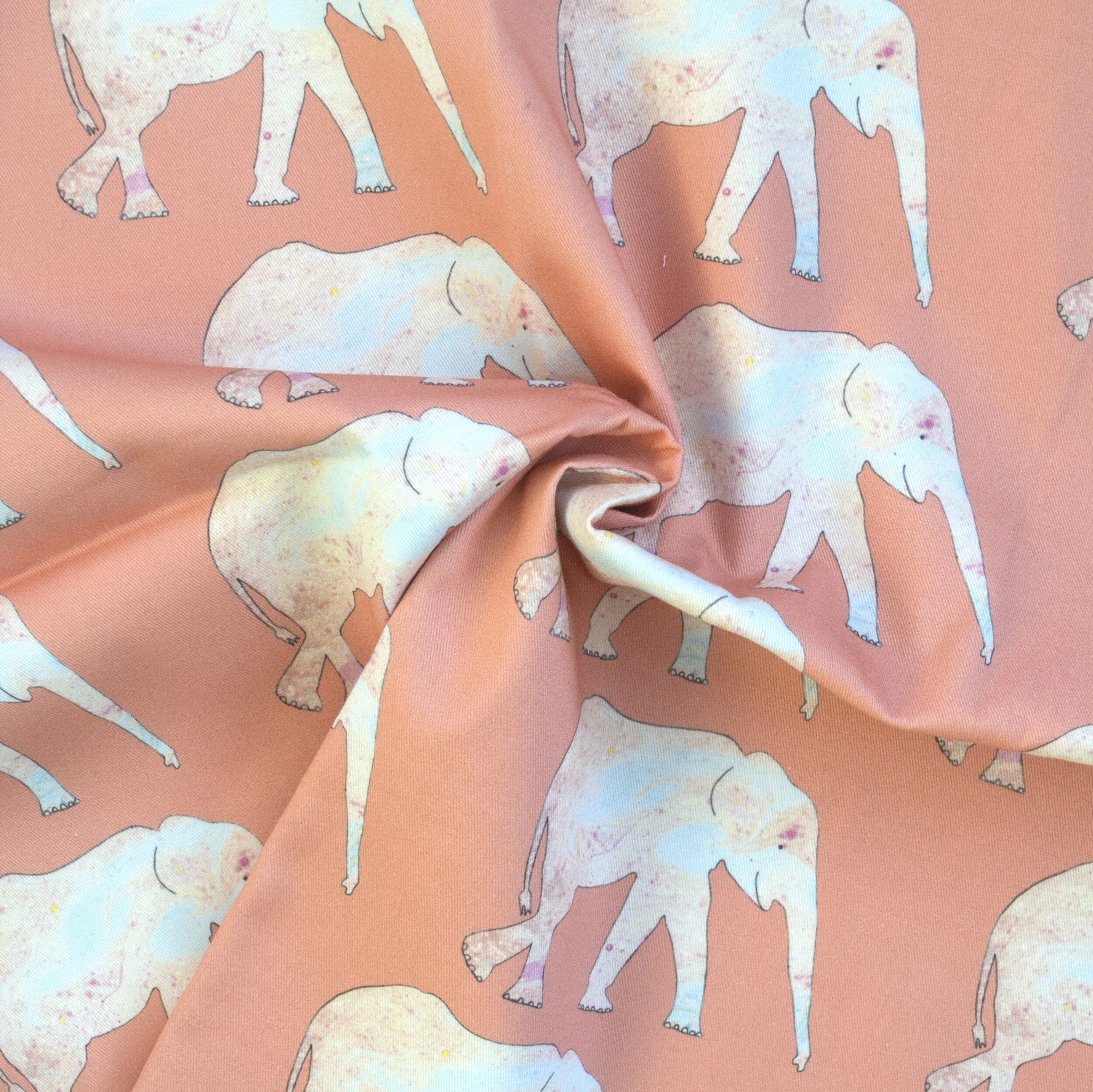 Dark Peachy Elephants Fabric