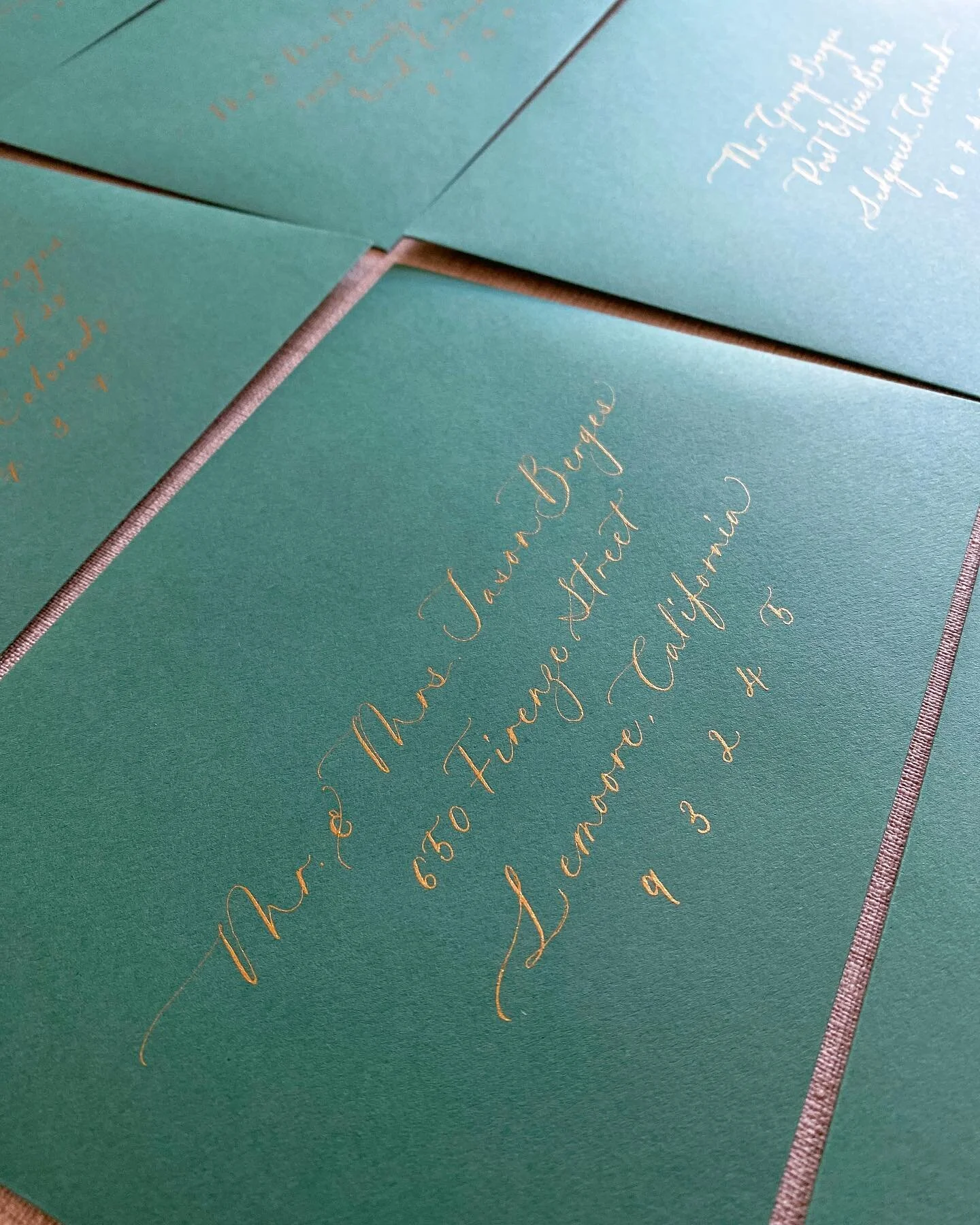 Gold on green lopes for a @swellpress suite. Envelope addressing - modern calligraphy in all custom ink colors (as long as usps gives the ok)! 
.
.
#swellpressweddings #weddingenvelopeaddressing #envelopeaddressing #moderncalligraphy #losangelescalli