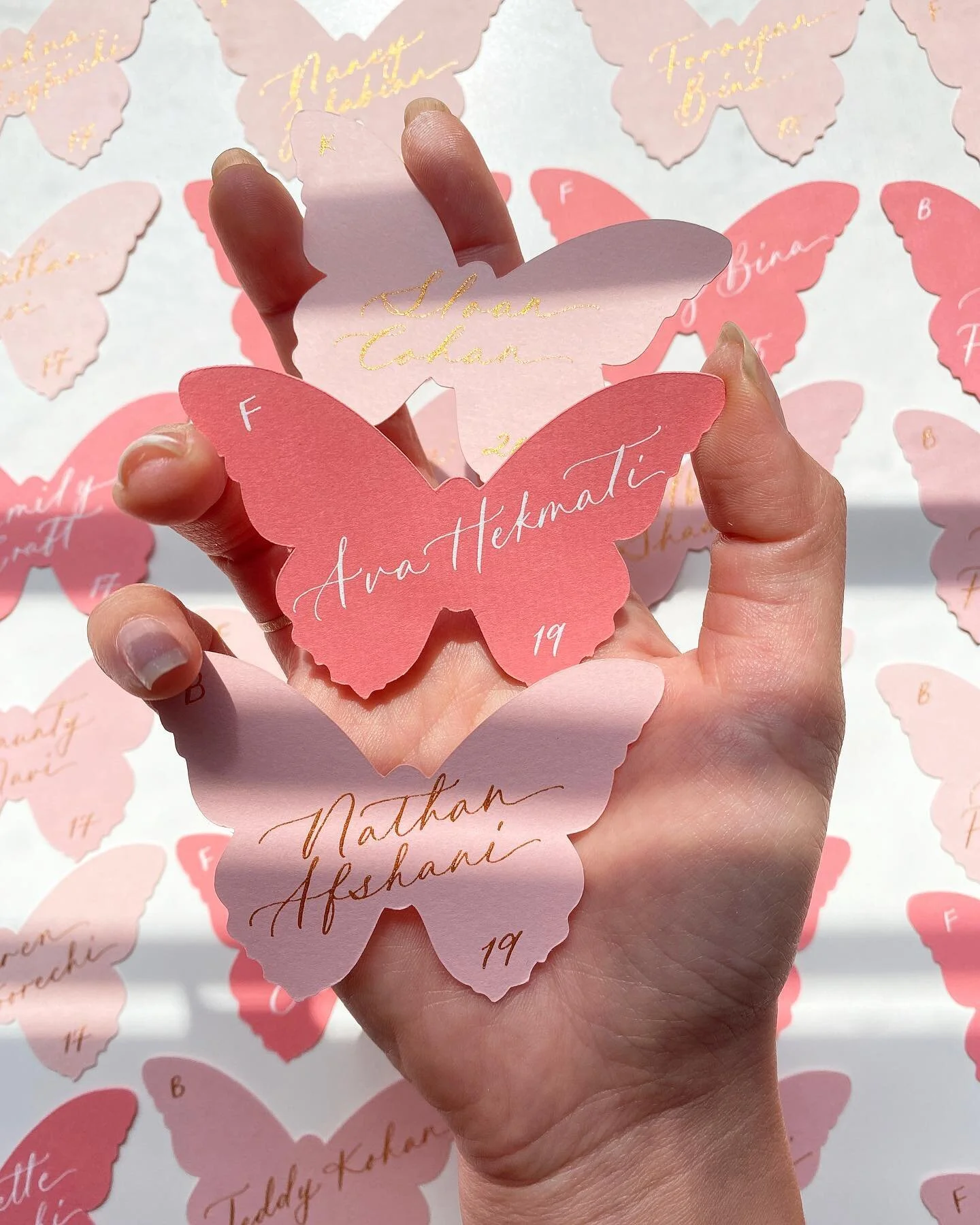 Ombr&eacute; butterflies for an escort display last weekend. Swipe to see the gold shimmer in its glory when the light hits them just right 👌🏼 
.
.
#escortcarddisplay #escortcardcalligraphy #placecardcalligraphy #weddingcalligraphy #butterflyplacec