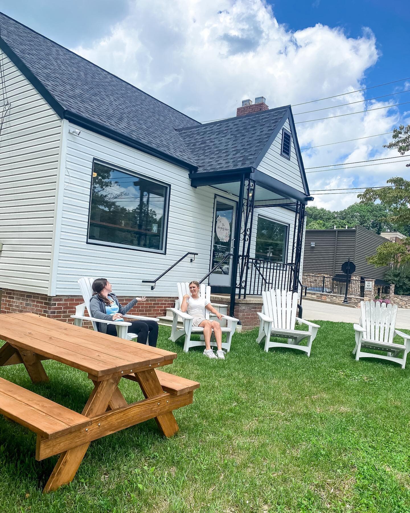 Guess who has outdoor seating?! Your favorite bakery, duh! Thanks to my sweet papaw (in the 3rd pic), I have beautiful adirondack chairs and picnic table ready for you to enjoy your treats! Seriously it&rsquo;s the best view too. 💙💙
