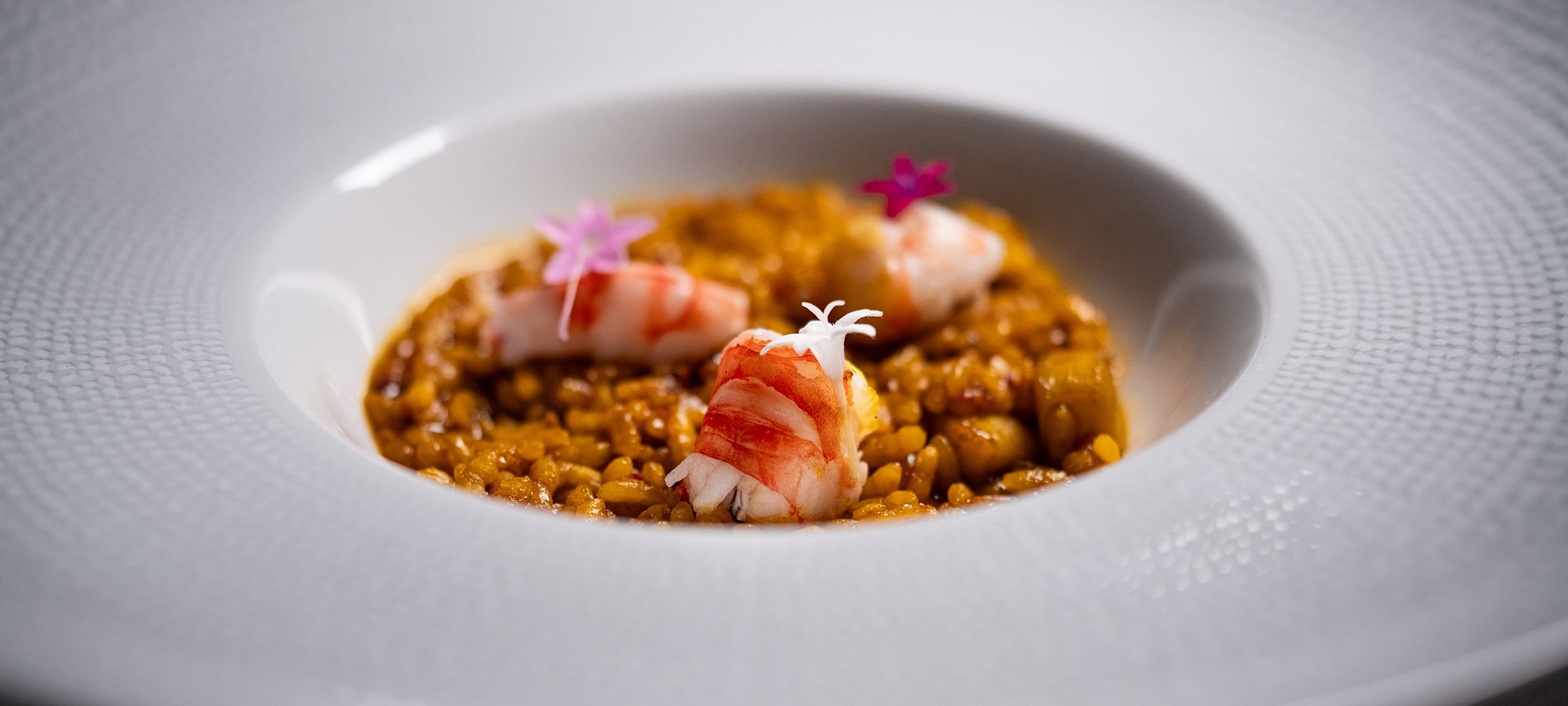 Close up of paella dish with lobster and cuttlefish in a white bowl