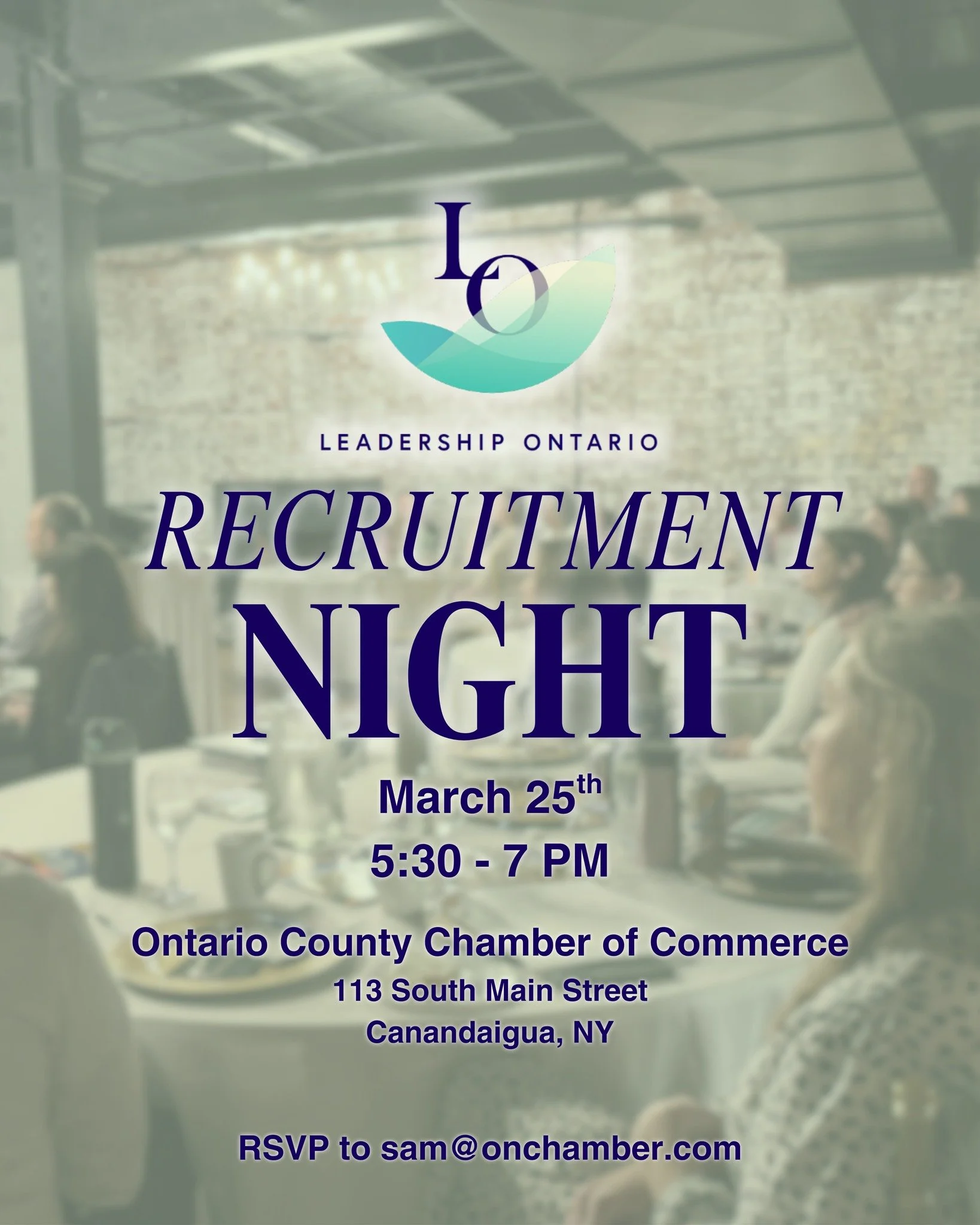 Curious about Leadership Ontario? Get the inside scoop at our Recruitment Night!

Network with Development Director Kristen Fragnoli and LO alumni to see how the program transforms local leaders.

✨ Wednesday, March 25
✨ 5:00 PM &ndash; 7:00 PM
✨ Ont
