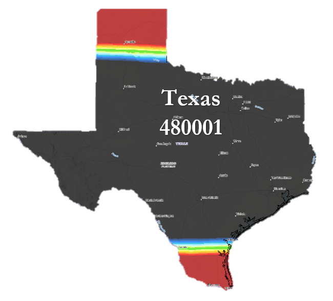 SPCS2022 Texas Statewide Zone layer shown with distortion at 50ppm, zone name and zone code.