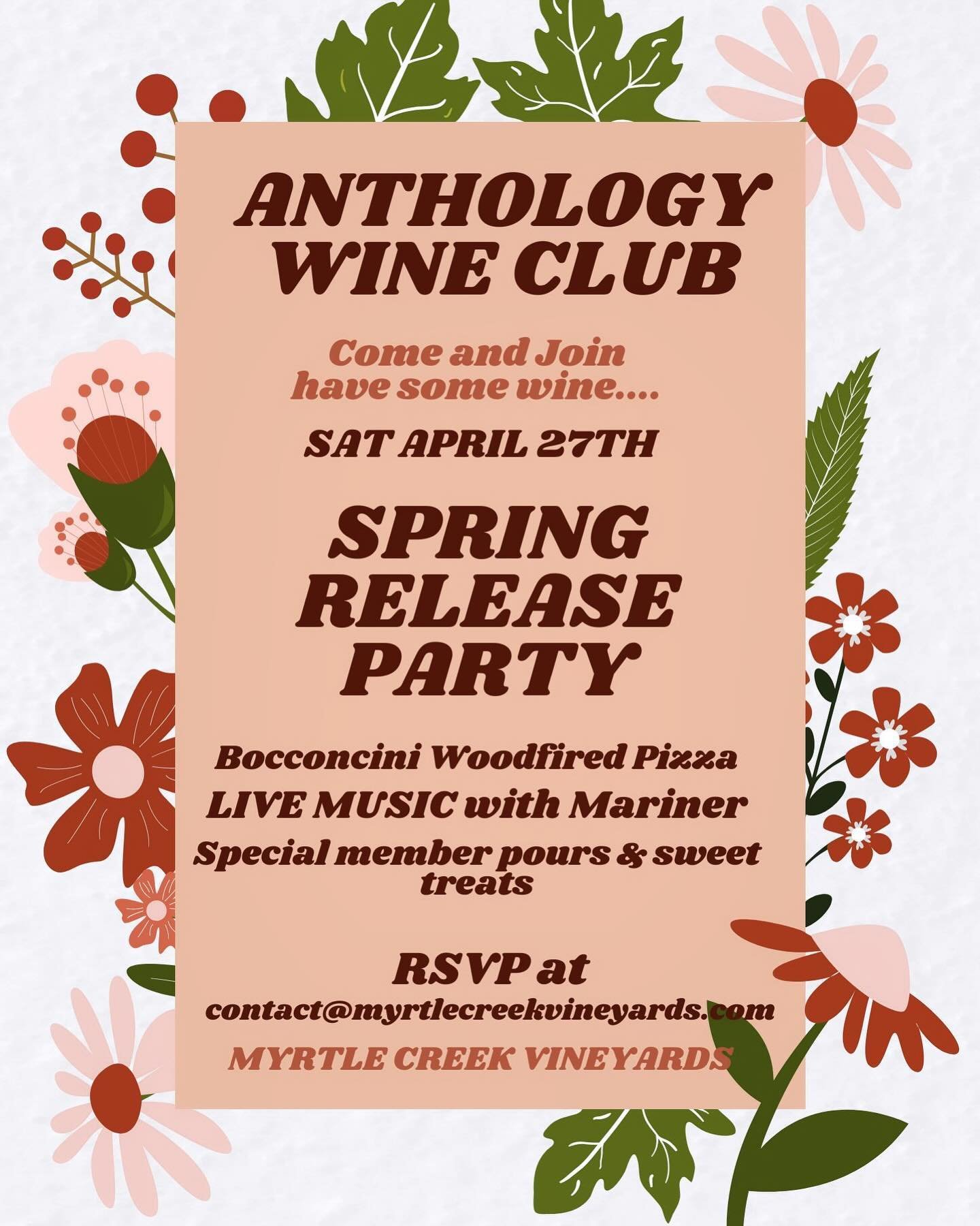 New wines, wood-fired pizza, live music with Mariner!  Let&rsquo;s celebrate. Come Anthologybwine club members come all!  Open to the public. #myrtlecreekvineyards #boutiquewinery #fallbrook #friendsoffallbrook