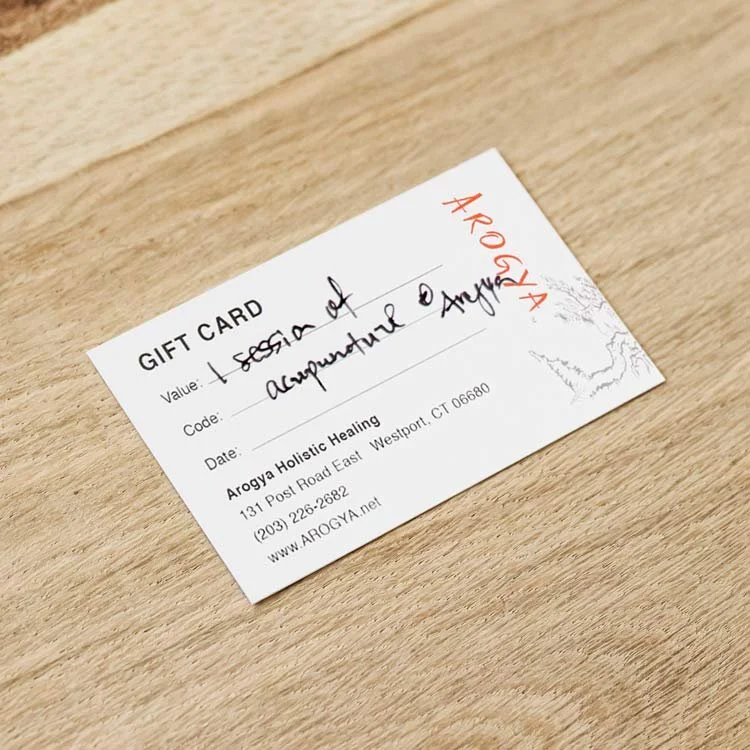 Arogya gift card with the words '1 session of acupuncture' written on it