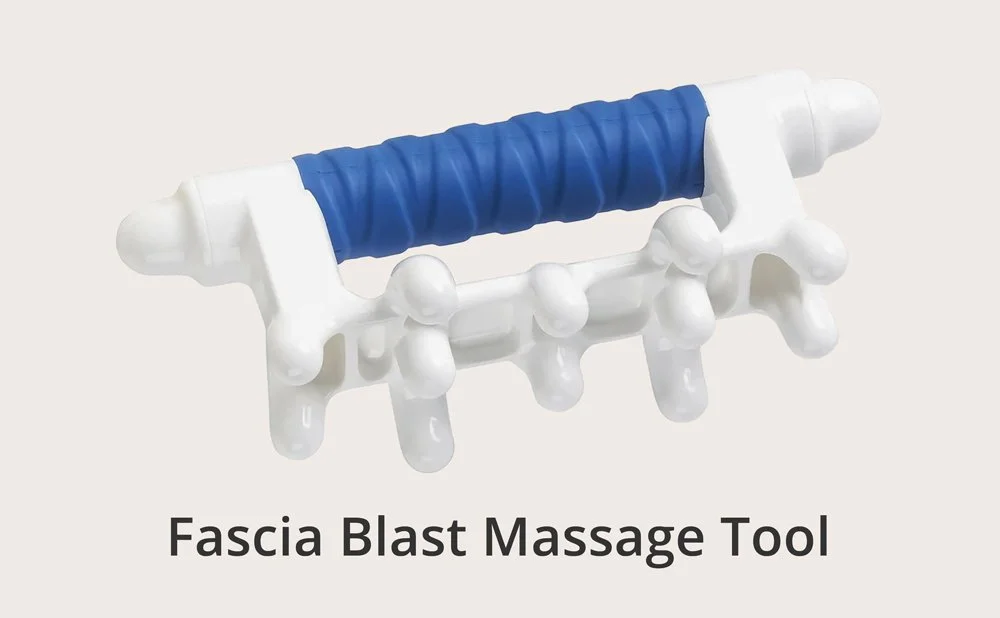 A plastic fascia massage tool that is used during myofascial release massages to target pressure points