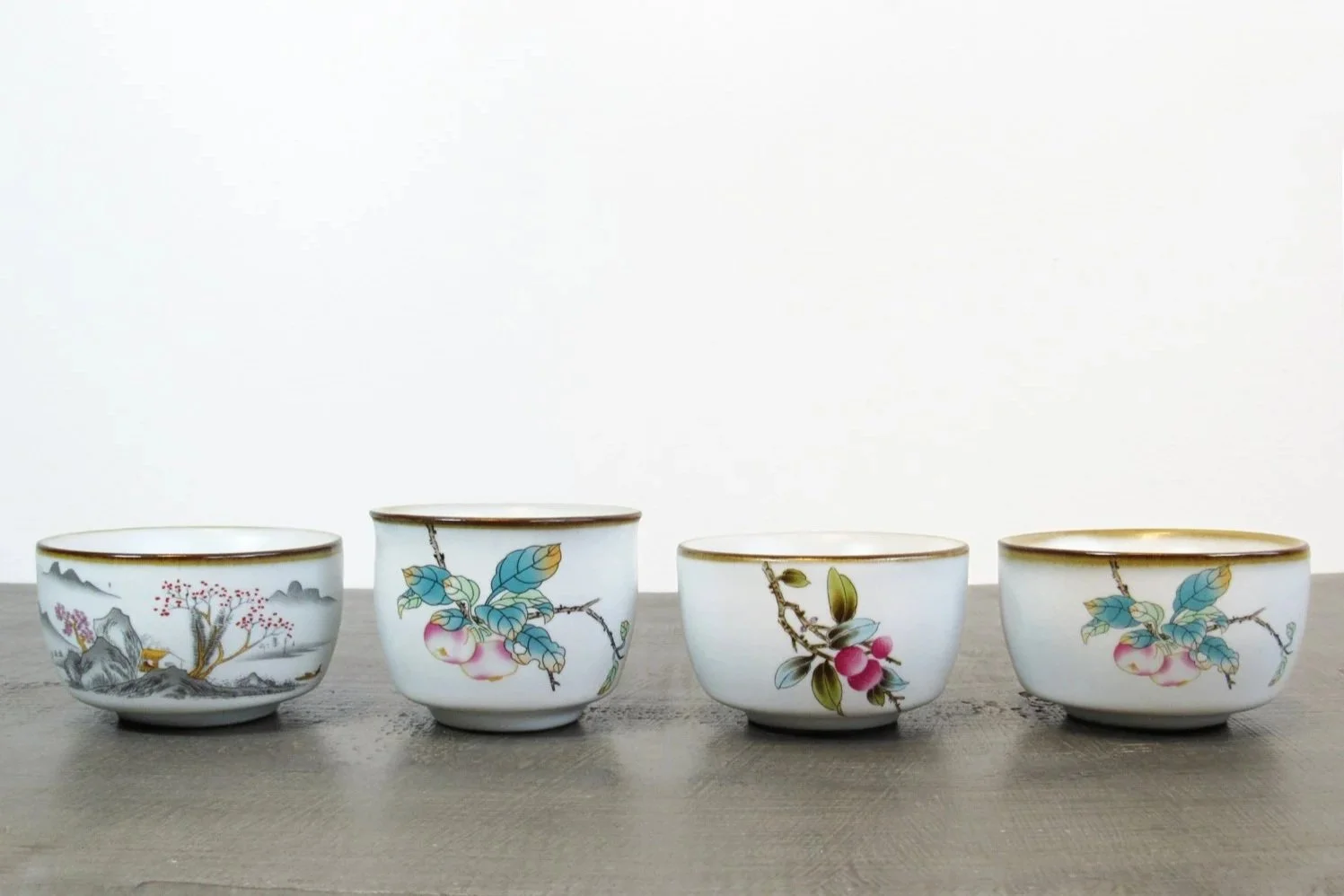 Chinese Crackle Glaze Teacups with botanical patterns