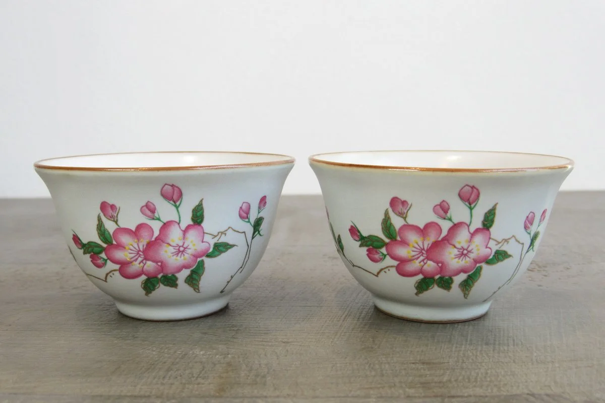 Close-up of two teacups decorated with pink blossoms and buds