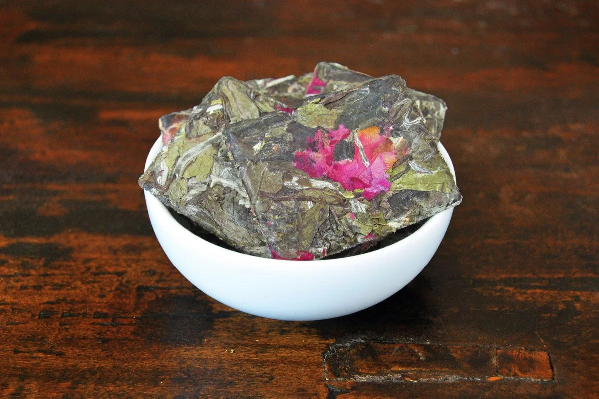 compressed white tea cakes with rose petals