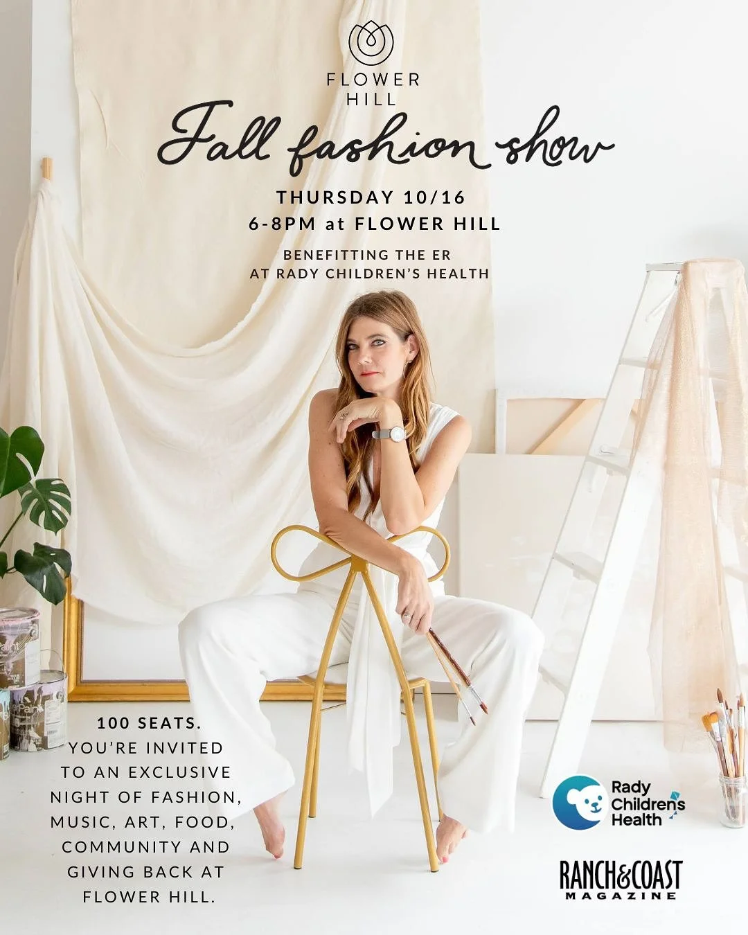 You&rsquo;re invited! ✨ Join us for an exclusive evening of fashion, art, music and community at the Flower Hill Fall Fashion Show benefitting the ER at @radychildrens⁠
⁠
100 seats only!⁠
📅 Thursday, October 16⁠
⏰ 6:00 PM &ndash; 8:30 PM⁠
⁠
Tickets 