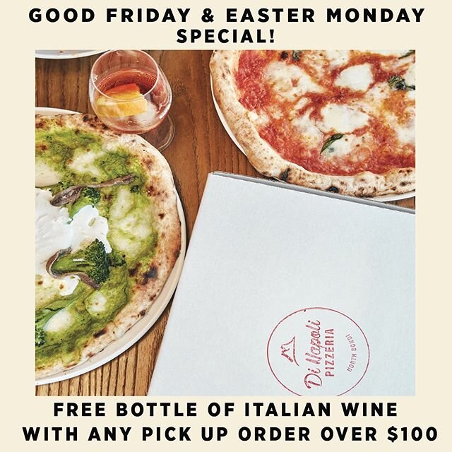 Cheeky Easter special for you all😉👏🏼👏🏼👏🏼
Get a free bottle of Italian wine when you spend over $100 on a pick up 🍕🍷🤤 . * GOOD FRIDAY &amp; EASTER MONEY ONLY * 
#dinapolibondi #easter #longweekend #bondibeach #special