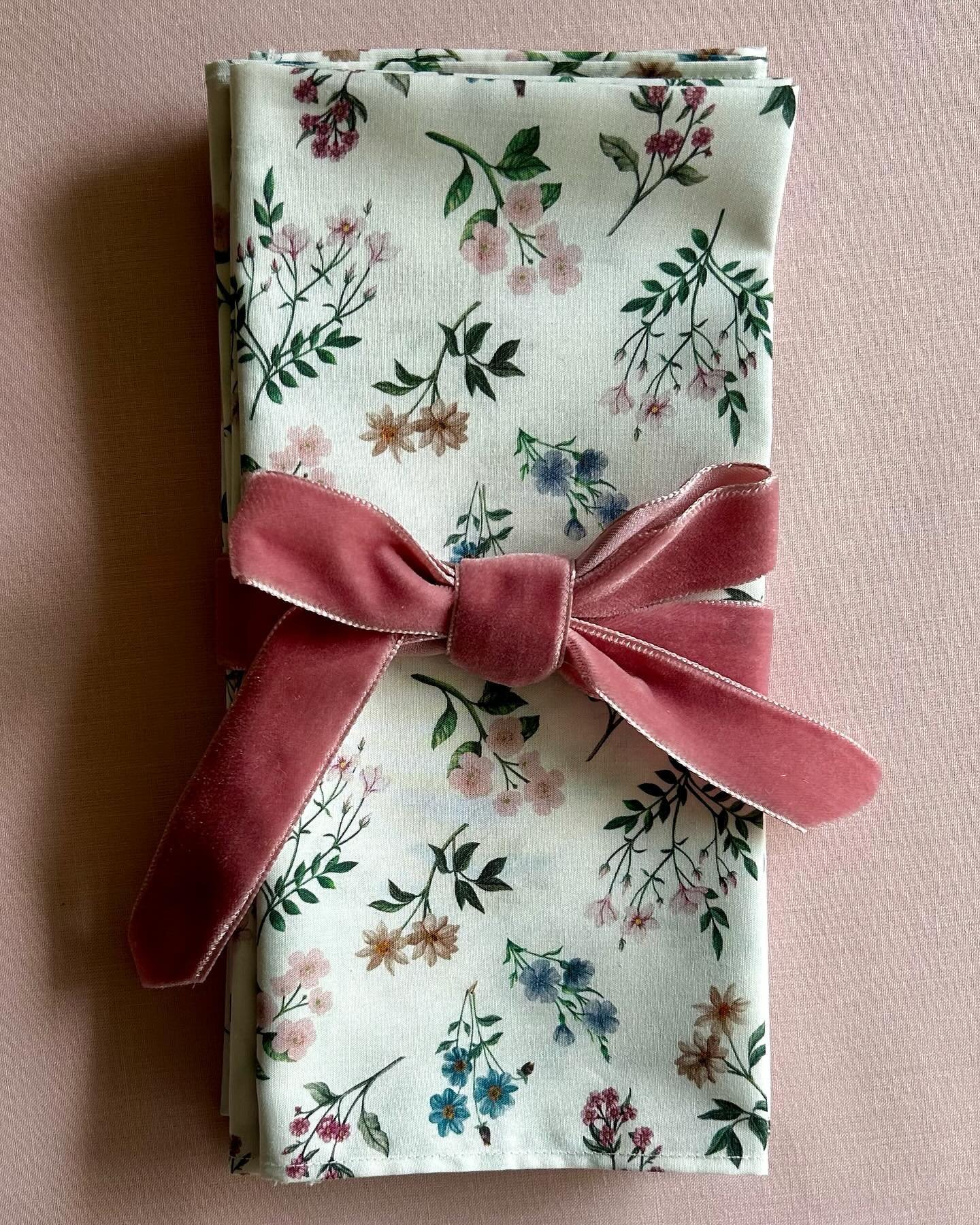 So pretty no need to wrap our Liberty print &lsquo;Meadow Flowers&rsquo; napkins tied with the perfect French &lsquo;Rose&rsquo; velvet bow! Set of 6 , 100% cotton 43cm napkins ready for the Mothers Day lunch table $120 a set. Available tied with Rub