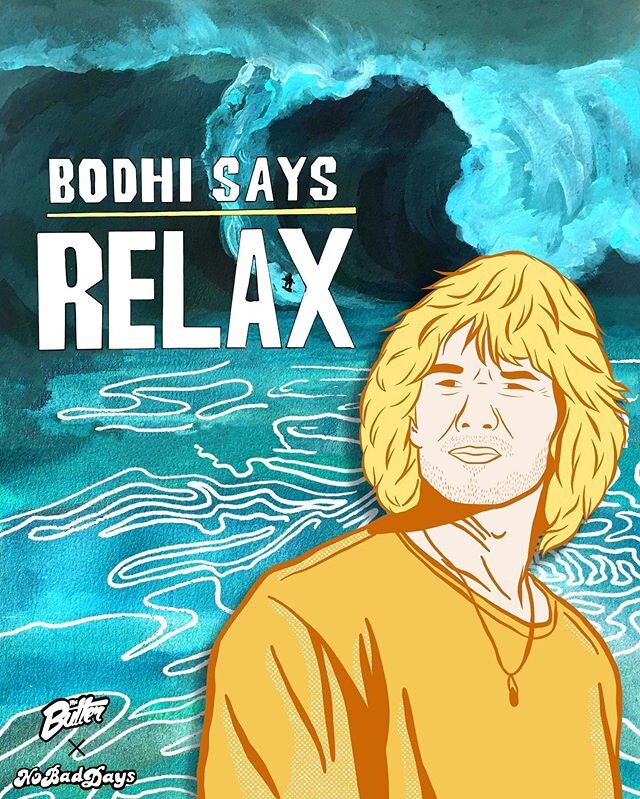 Super rad little collab with @nobaddays_est.never 
We were both vibing Point Break and combined both our art mediums to make this bad boy.
Throw Point Break on the tube this weekend some time, what else you got to do?
#bodhisaysrelax