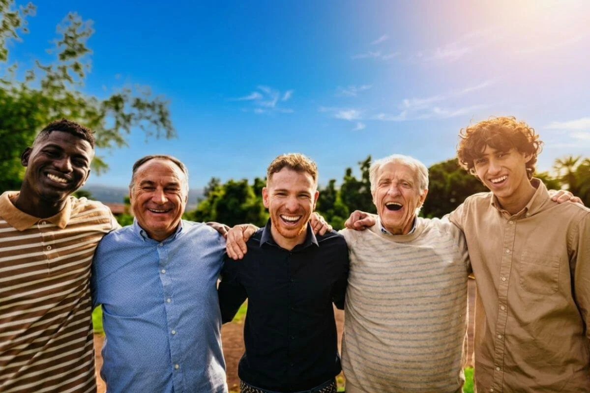A diverse group of men of different ages and races representing the experience of late ADHD and Autism diagnosis in men
