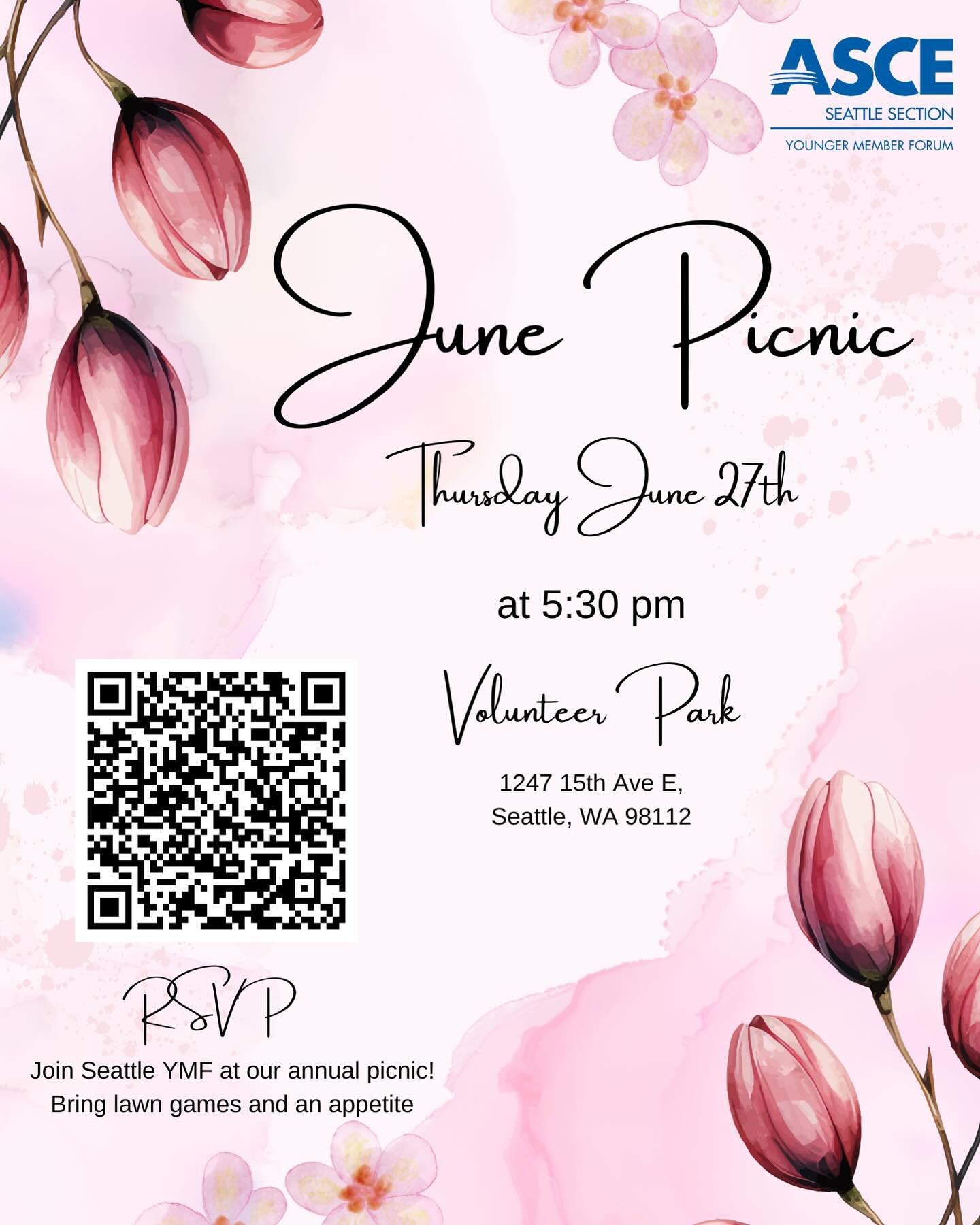 Please join us for our annual spring/summer picnic! We will be at Volunteer Park on June 27th at 5:30! Please bring lawn games and chairs! We will provide food! This is a great way to meet other Civil Engineers and kick off the summer months! Please 
