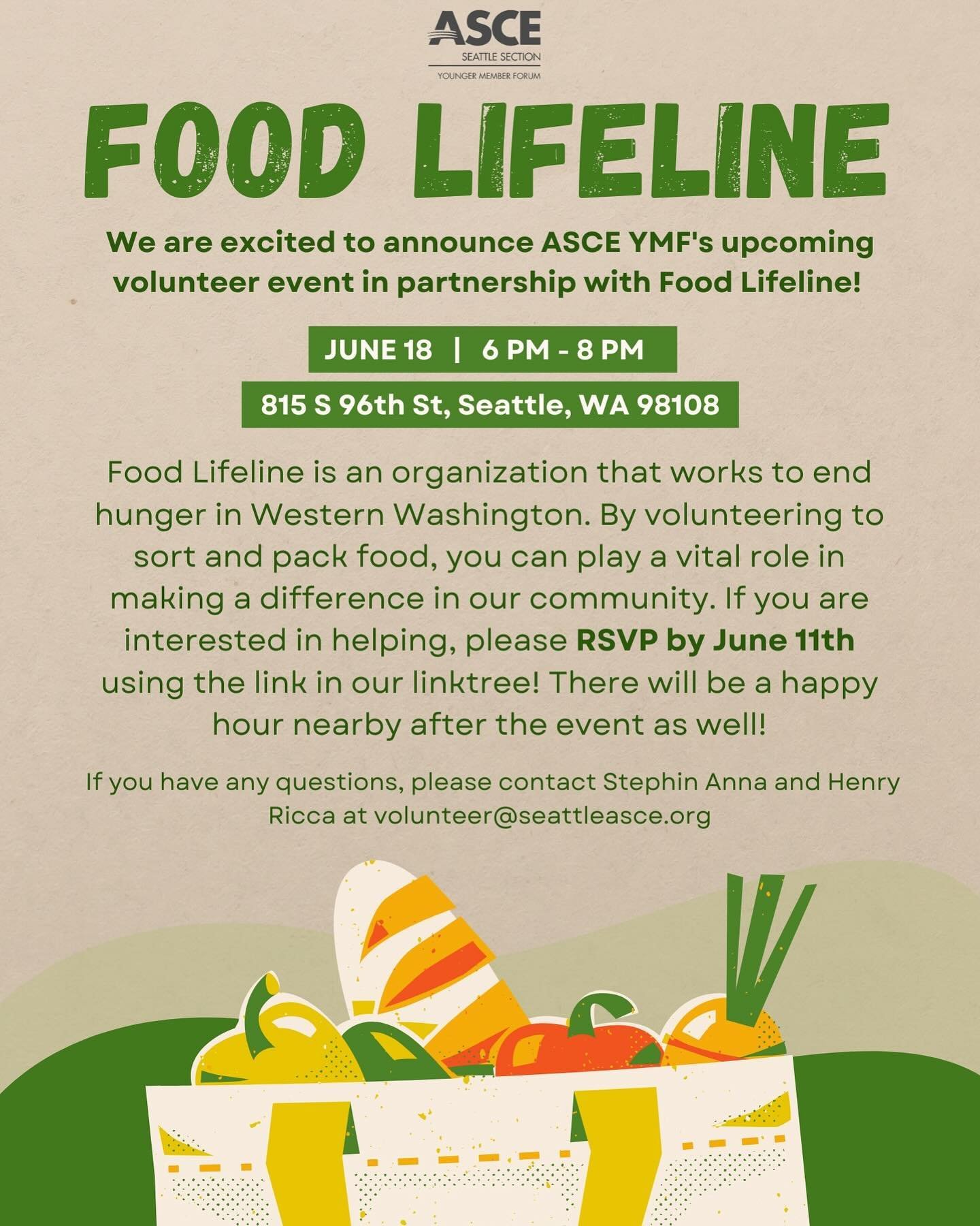 Join us at our next volunteer event with Food Lifeline!! RSVP by June 11th using the link in our bio!