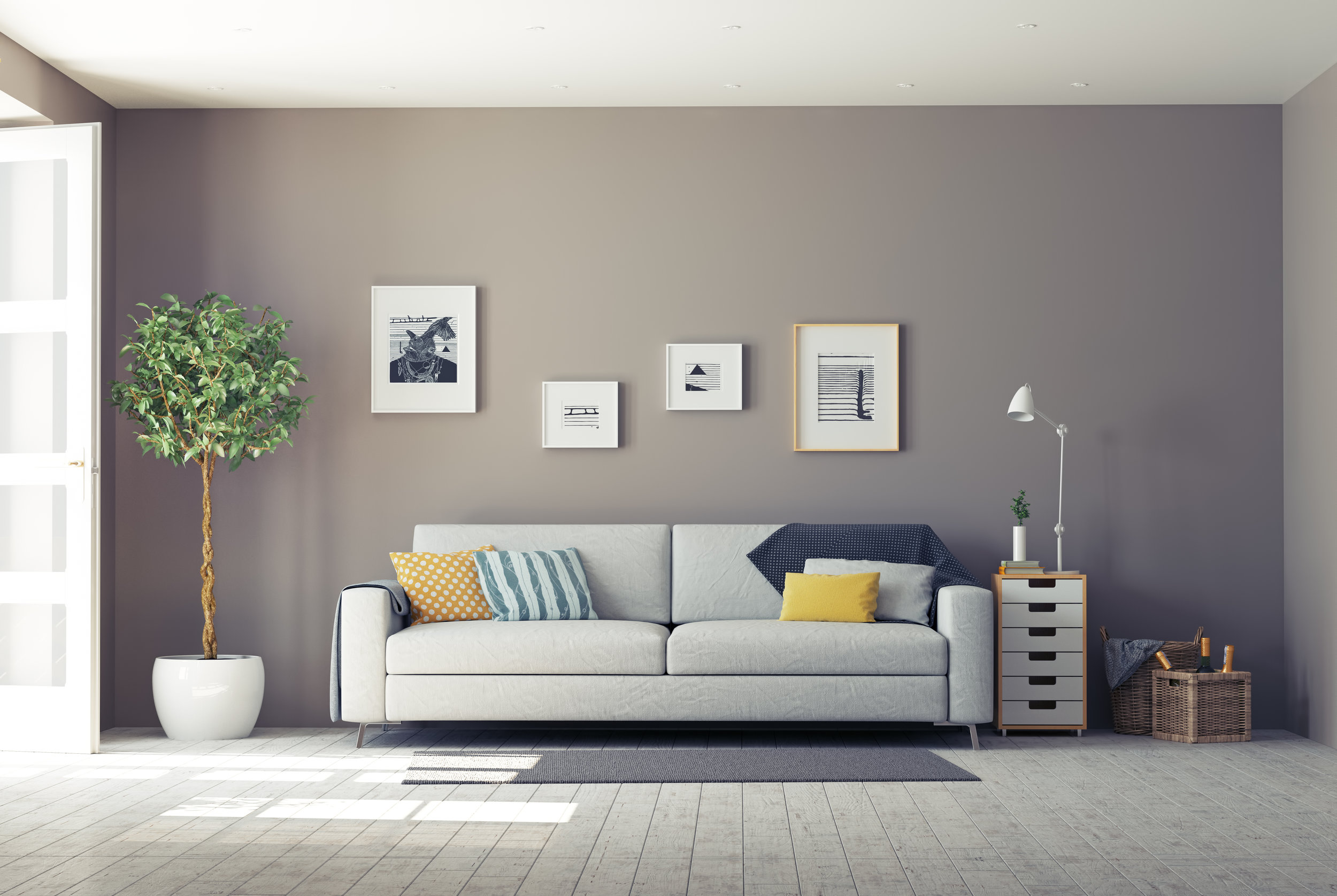 Taupe living room with long grey couch