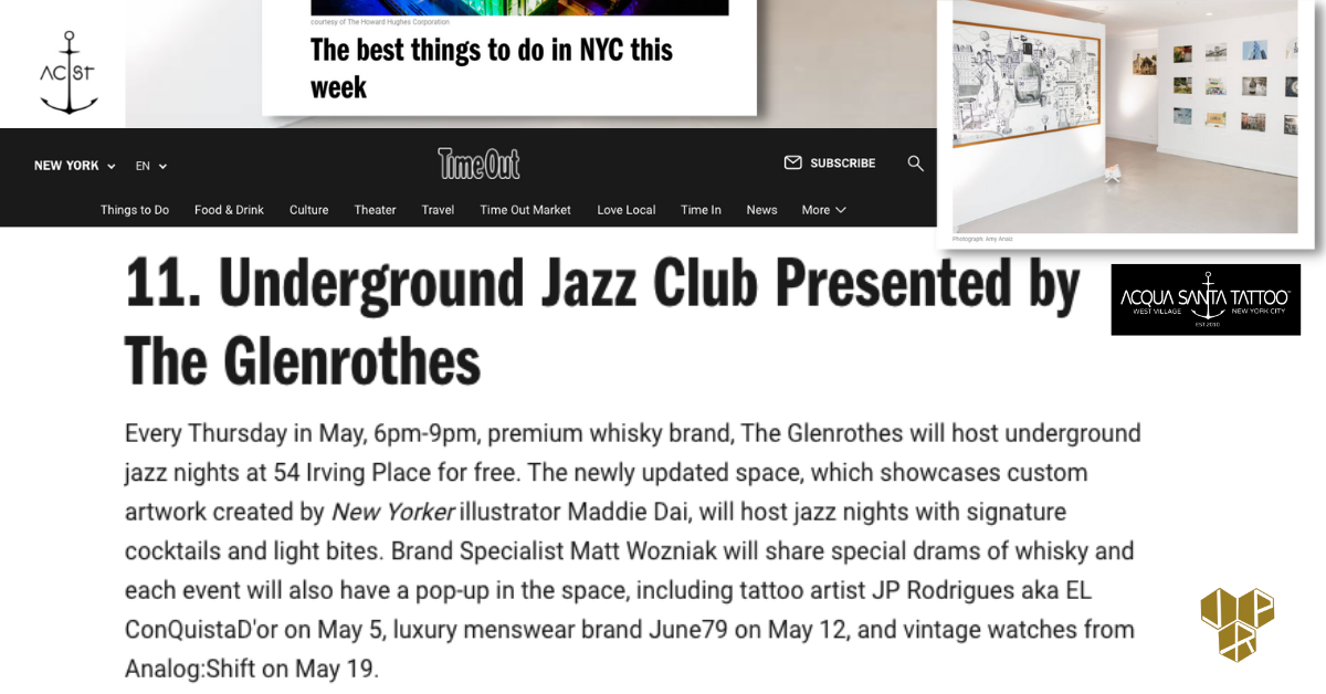 Underground Jazz Club Presented by
The Glenrothes
Every Thursday in May, 6pm-9pm, premium whisky brand, The Glenrothes will host underground
jazz nights at 54 Irving Place for free. The newly updated space, which showcases custom
artwork created by N