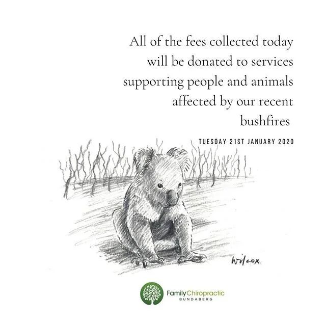 All of the fees collected today @familychirobundaberg will be donated to services directly supporting people and animals affected by our country's recent bushfires. 
The enormity of what is happening for this land can feel overwhelming at times. How beautiful that there are so many people acting in support of the communities, the land and the creatures who's lives are impacted by the bushfires.

We know that together, with everyone doing their small part, we'll come through ❤️ #bushfiresaustralia #together #bushfirerelief
