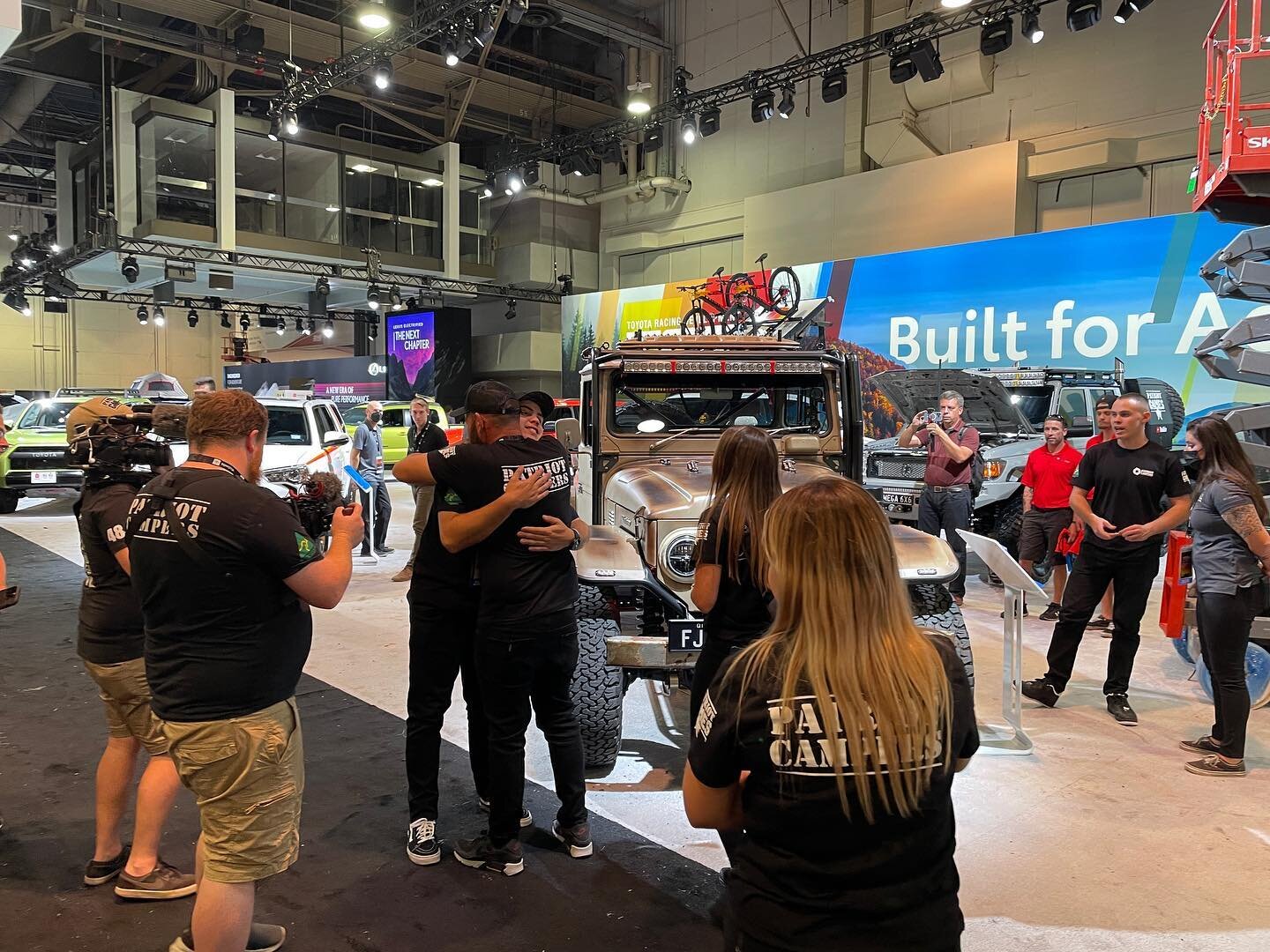 Massive congratulations to the @patriot.campers team. They pulled off a miracle, getting 3 trucks and a trailer featured in the @toyotausa booth at @semashow. Justin and Sarah did everything in their power to make this dream come true for their kids.