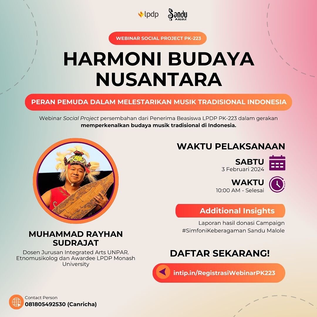 Engga sabar rasanya, karena minggu depan saya akan berbicara mengenai bagaimana cara melestarikan dan memupuk kecintaan kita terhadap musik tradisional Indonesia di @pk223.lpdp hari Sabtu nanti. Untuk teman-teman yang ingin hadir, langsung isi daftar