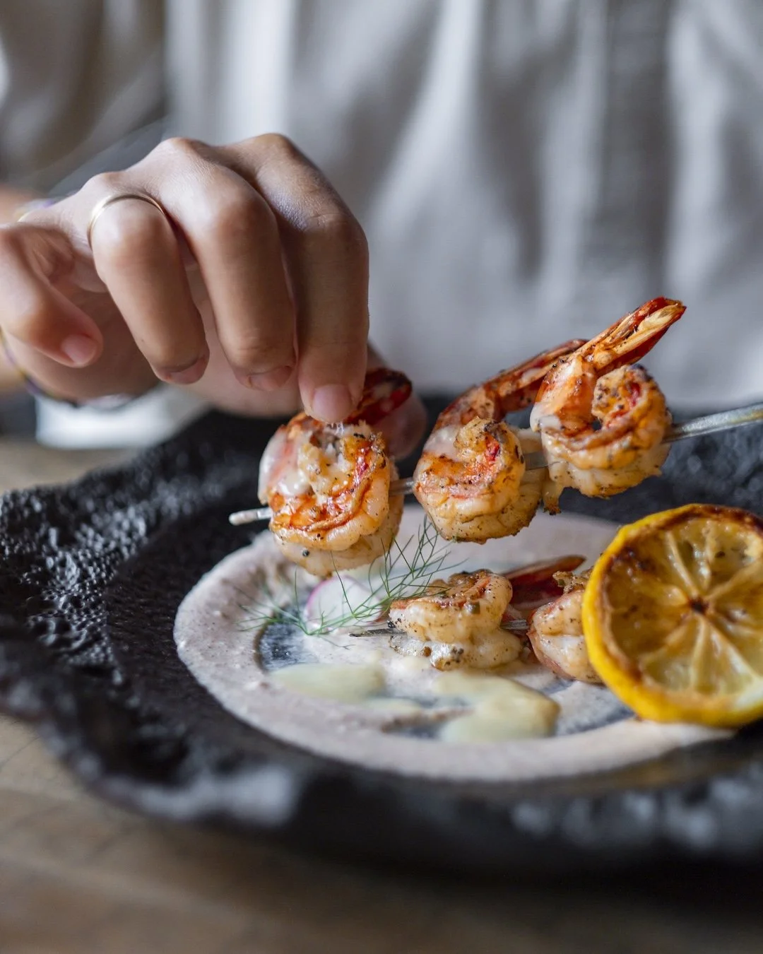 grilled prawn with yogurt and lemon at ubud restaurant