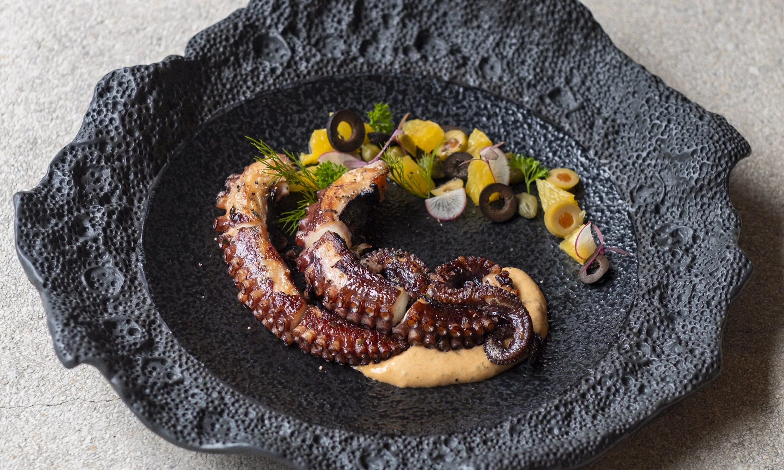 Grilled octopus tentacles served with a side of diced vegetables and garnished with herbs on a textured black plate.