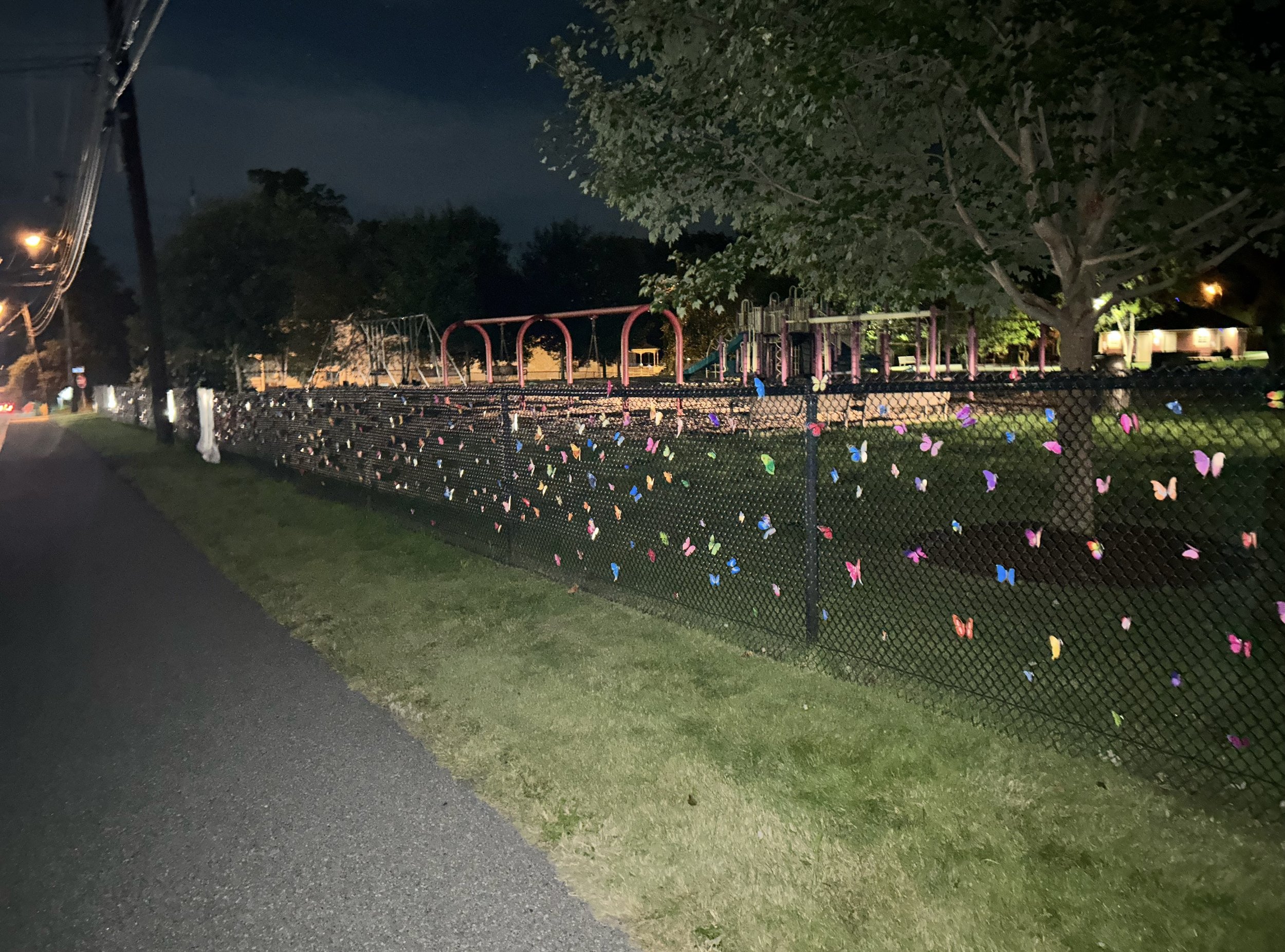 Colorful vinyl butterflies adorn the chainlink fence at Ellsworth's Knowlton Park to represent the 723 Maine lives lost to overdose in 2022.