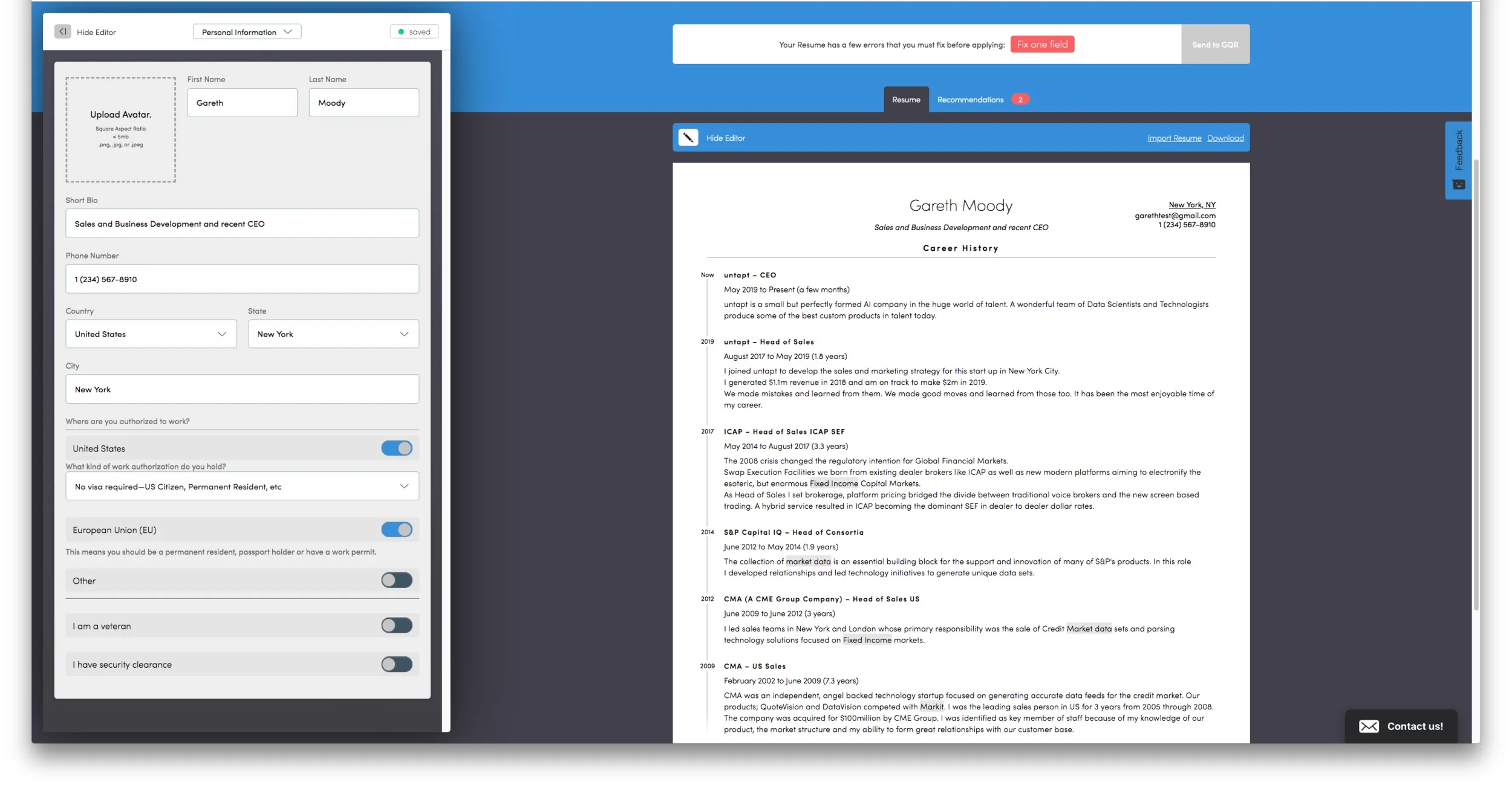Interactive resume builder