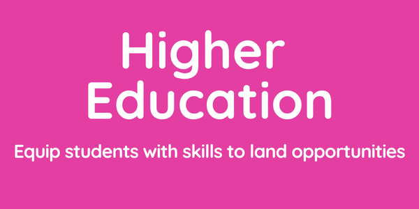 Hot pink graphic with the words higher education in white on it