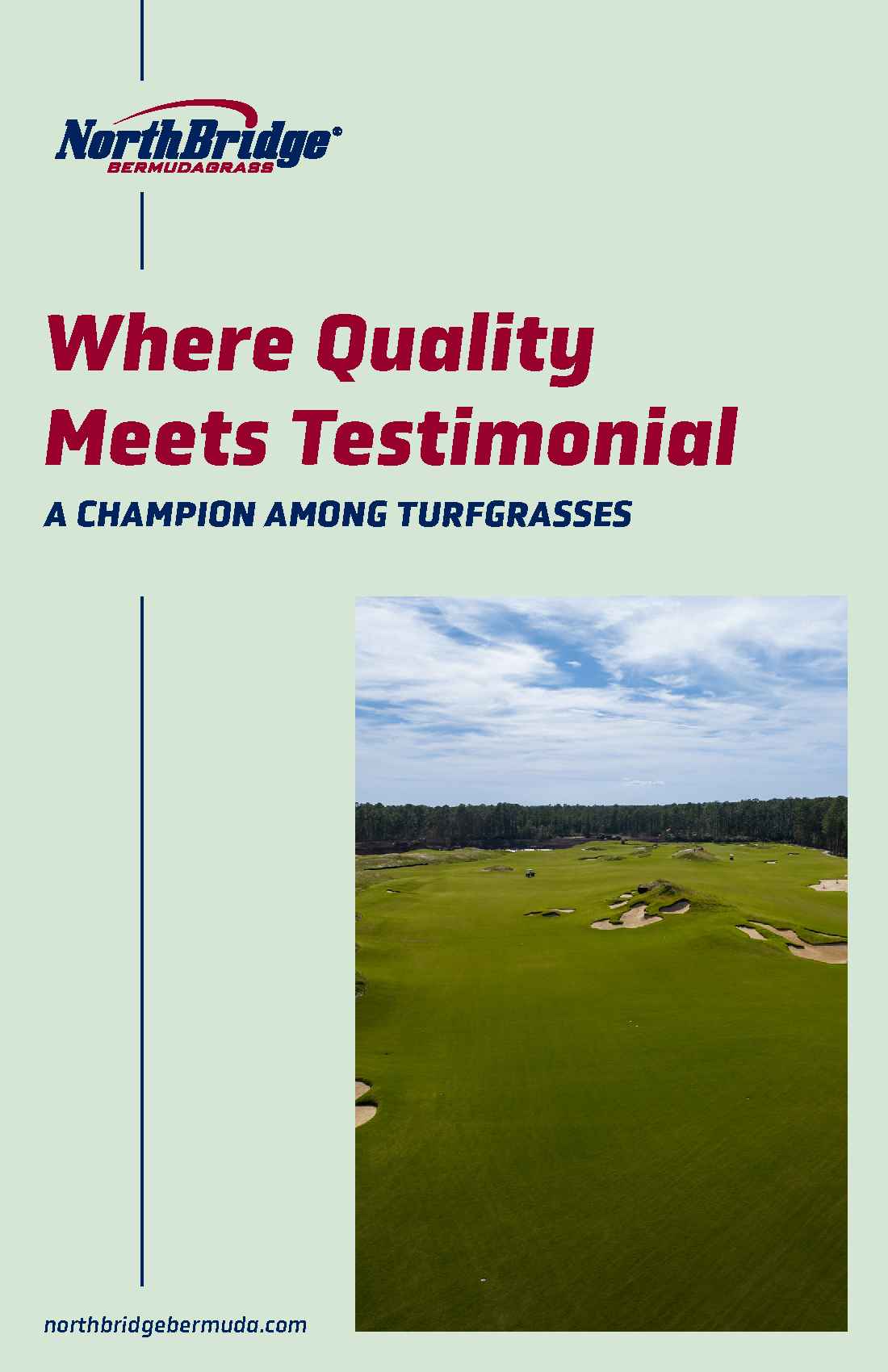 Brochure cover for North Bridge Bermudagrass with the slogan "Where Quality Meets Testimonial" and a picture of a golf course with a blue sky.