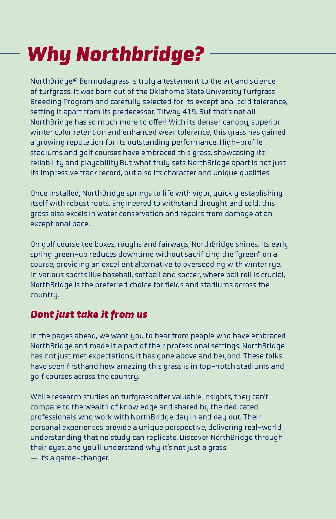 Text-heavy webpage with information about NorthBridge Bermuda grass and its benefits for turfgrass, featuring headings, paragraphs, and a promotional slogan.