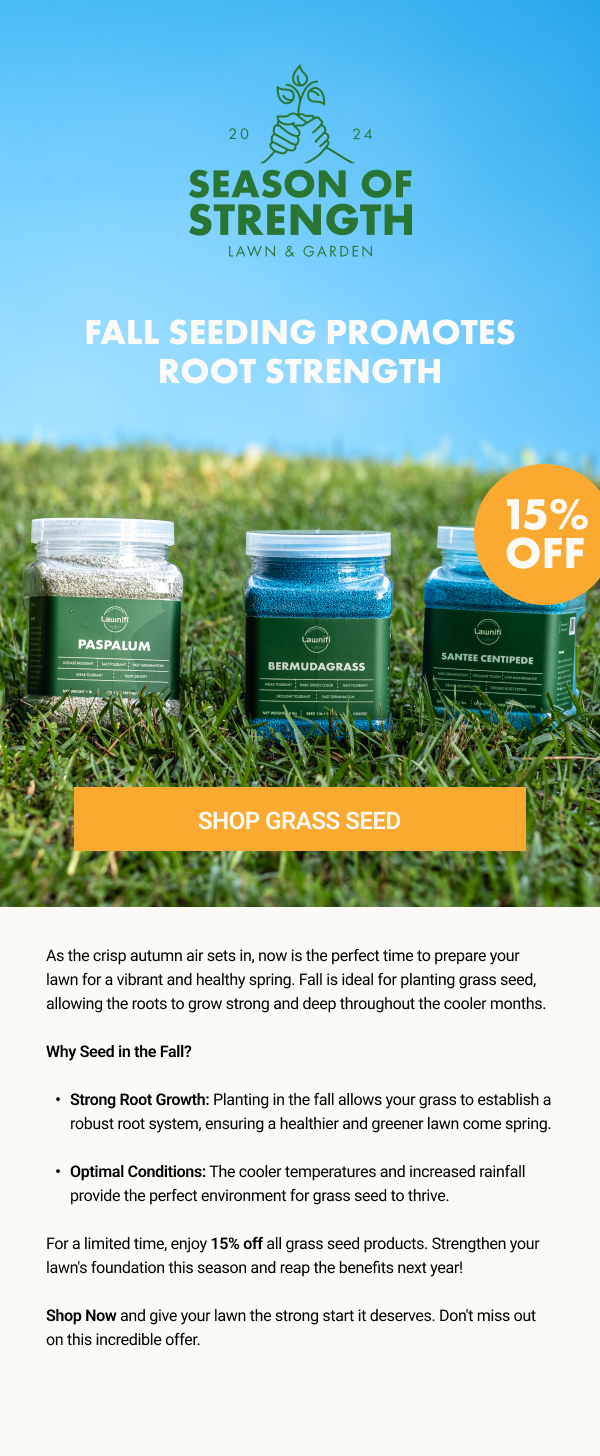 Advertisement for lawn and garden seed products, featuring containers of grass seeds and a promotion for 15% off with a "Shop Grass Seed" button.