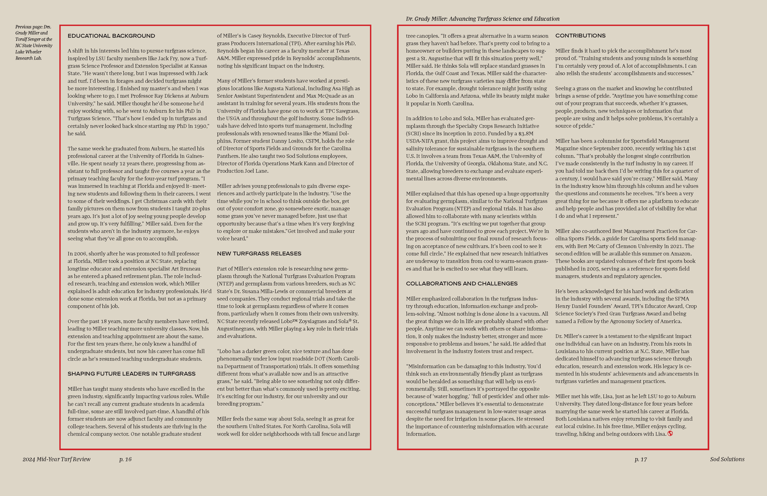 Two pages of a magazine article, with the left page titled 'Educational Background' and the right page titled 'Contributions,' discussing turfgrass science, education, and research, with highlighted sections in red.