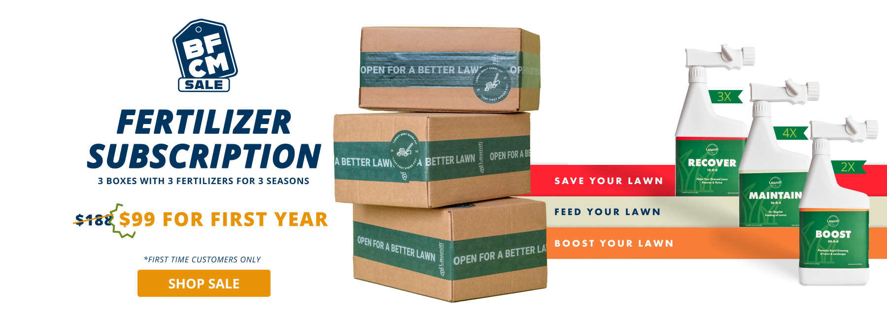 Promotional graphic for fertilizer subscription sale with boxes of fertilizers and spray bottles, marked with text emphasizing benefits like 'Save Your Lawn,' 'Feed Your Lawn,' 'Boost Your Lawn,' and pricing details.