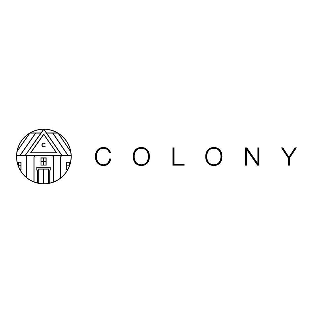 Minimalist logo for 'Colony' featuring a black and white line art house icon with a C inside a circle, and the word 'Colony' in uppercase letters to the right.